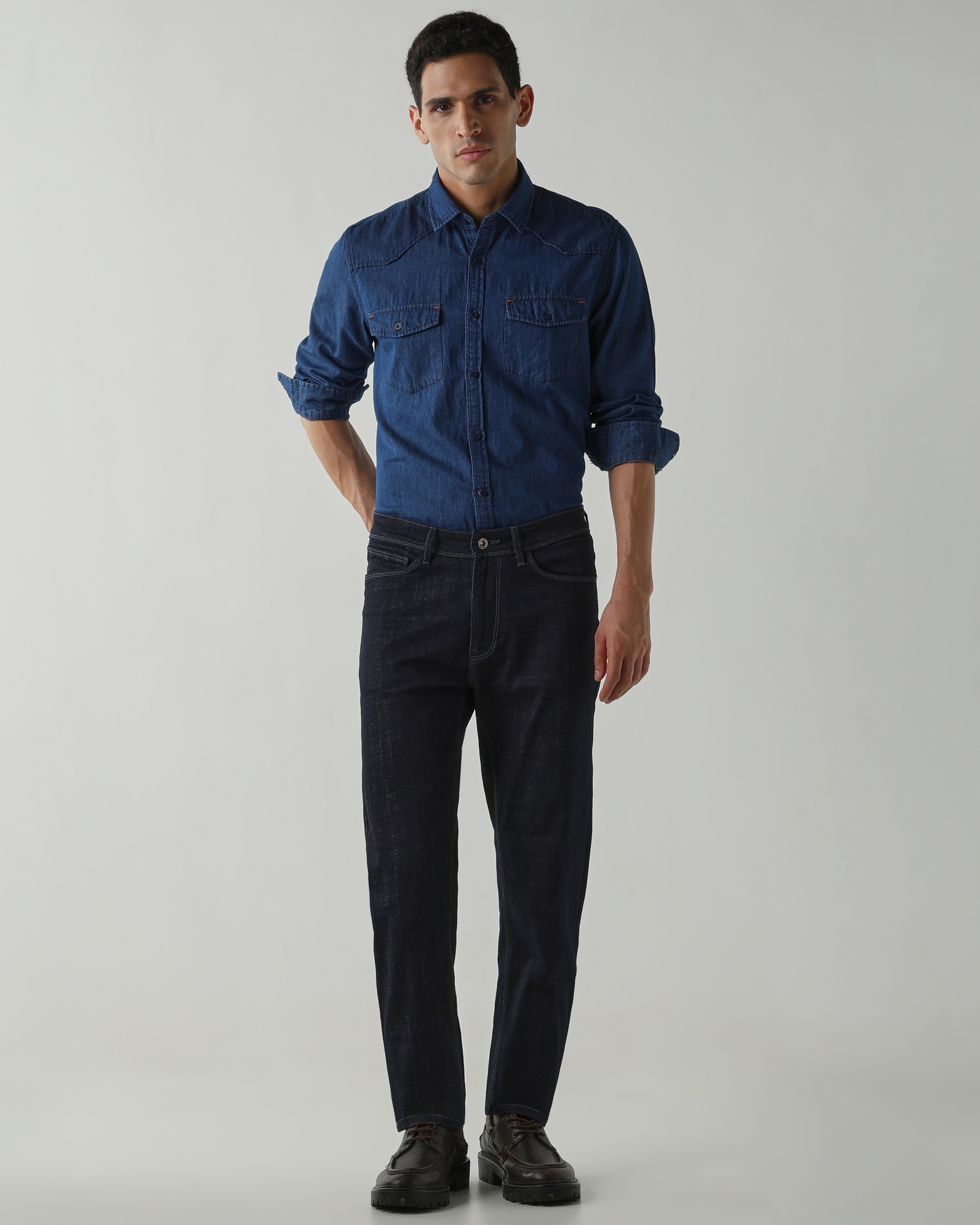 Premium Best Dark Blue Denim 100% Cotton Slim Fit Casual Full Sleeve Shirt