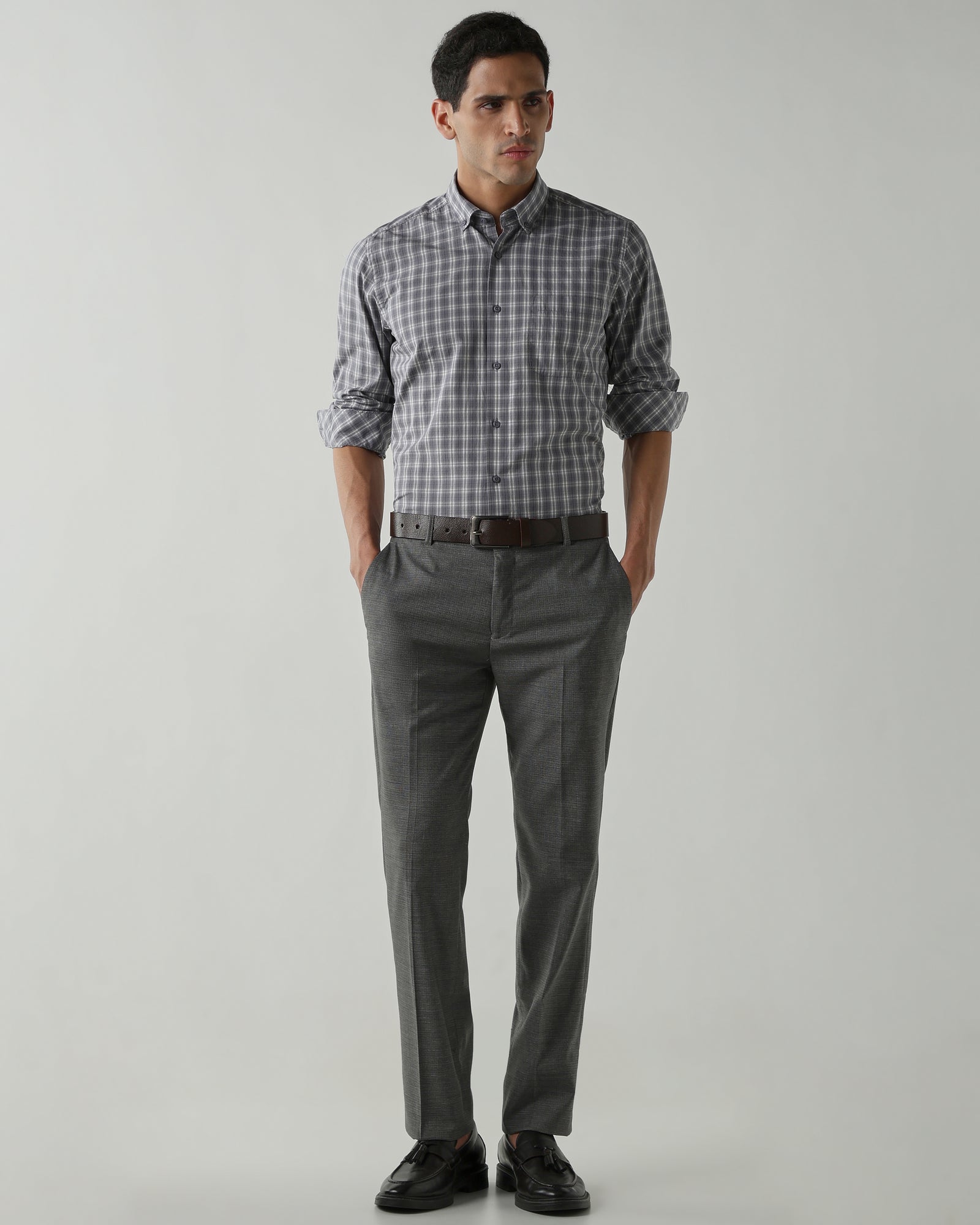 Grey/White Pure Cotton Shirts for Men | Slim Fit Luxury Wear
