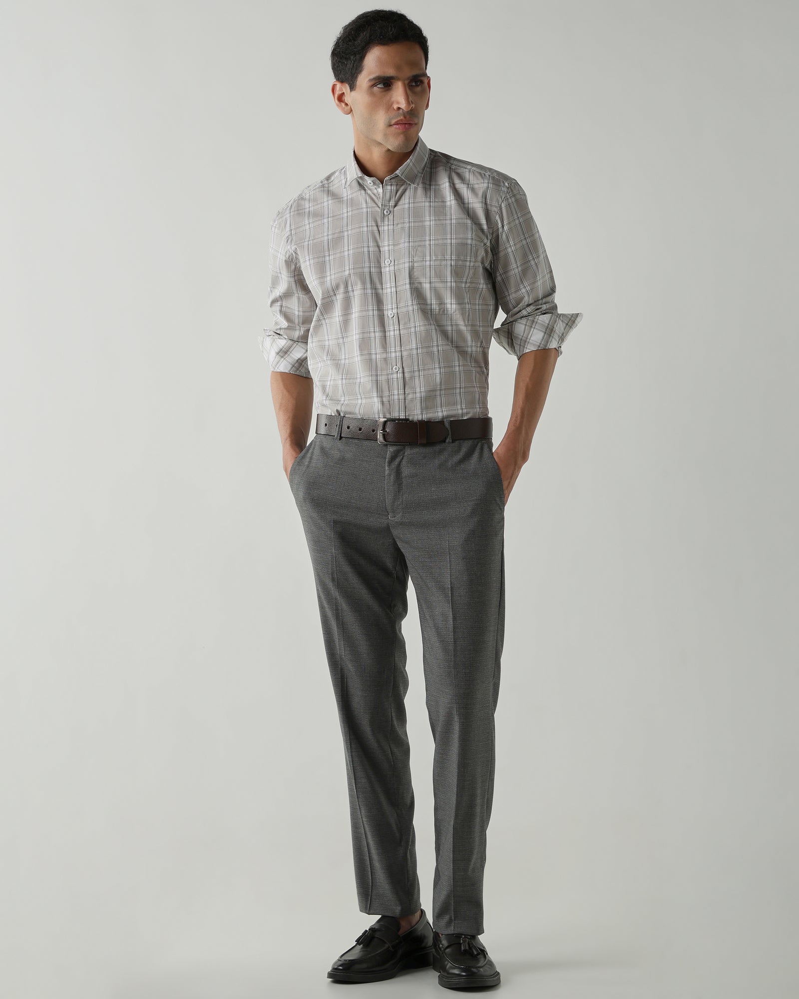 Beige/White Pure Cotton Shirts for Men | Regular Fit Luxury Wear
