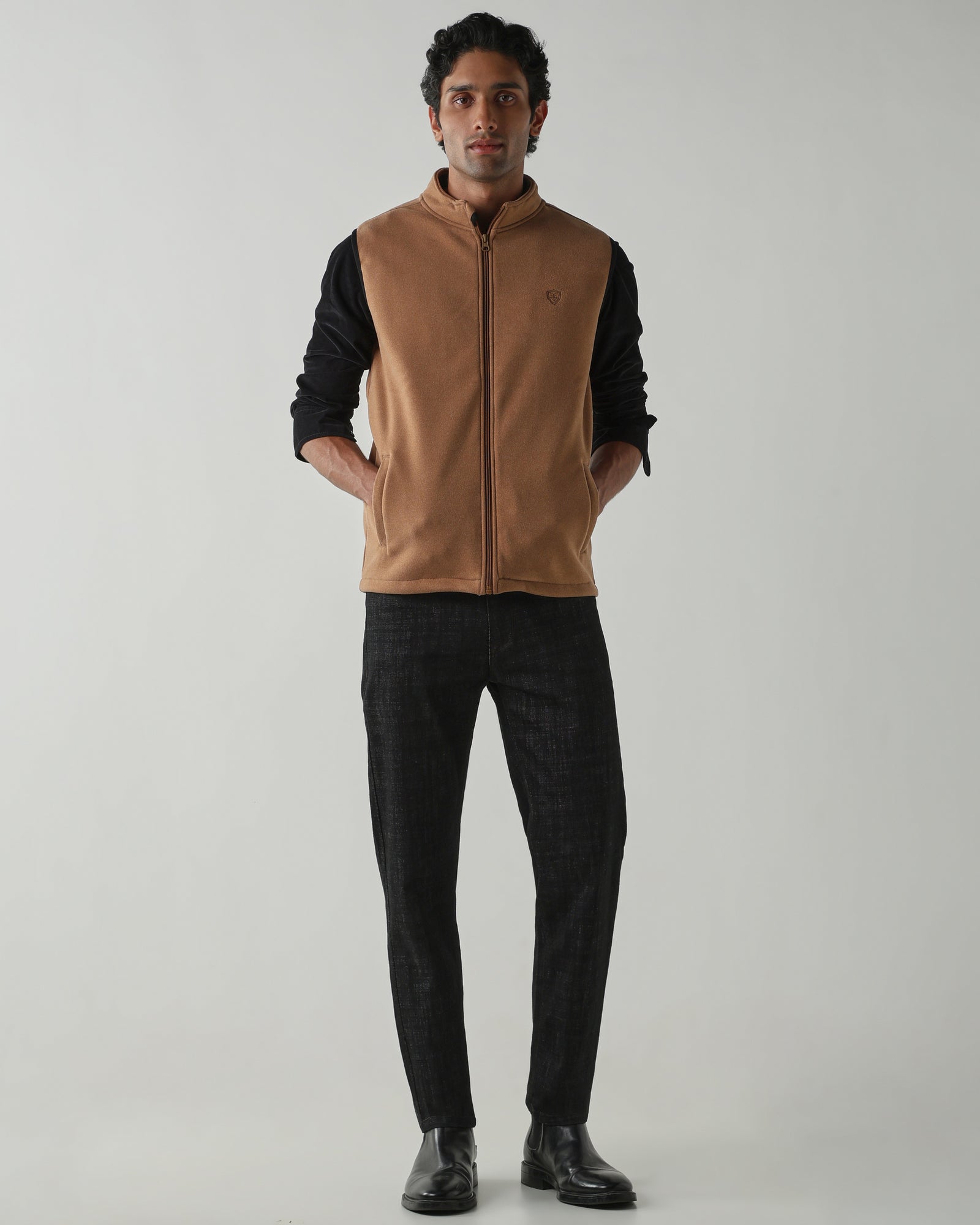 Round Neck Sleeveless  Jackets – Dark Camel