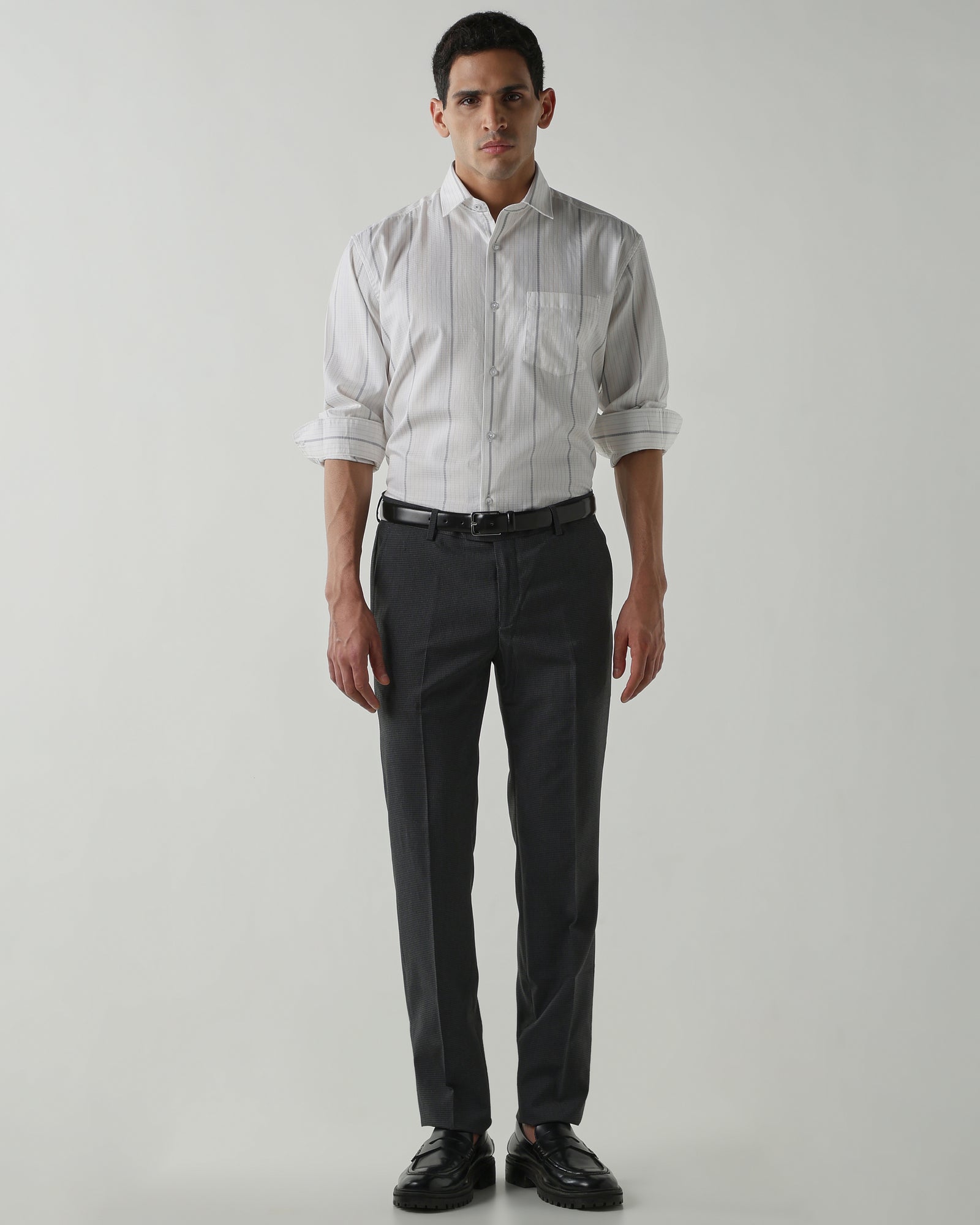 Grey/White Pure Cotton Shirts for Men | Regular Fit Luxury Wear