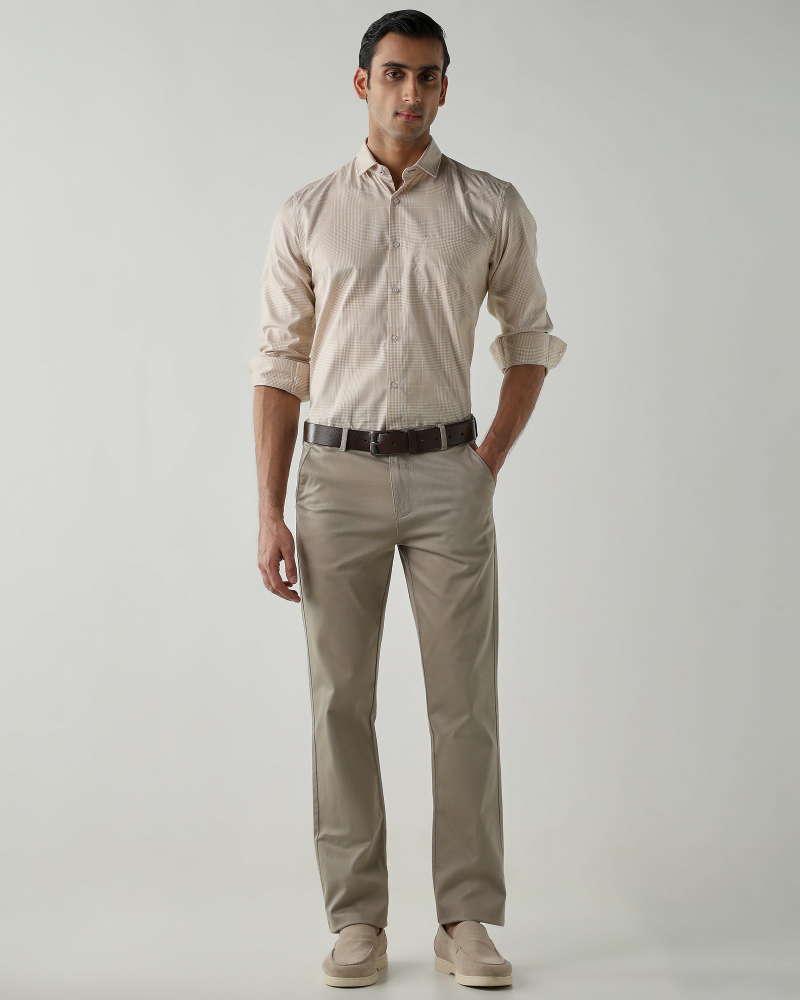 Beige/White Pure Cotton Shirts for Men | Slim Fit Luxury Wear