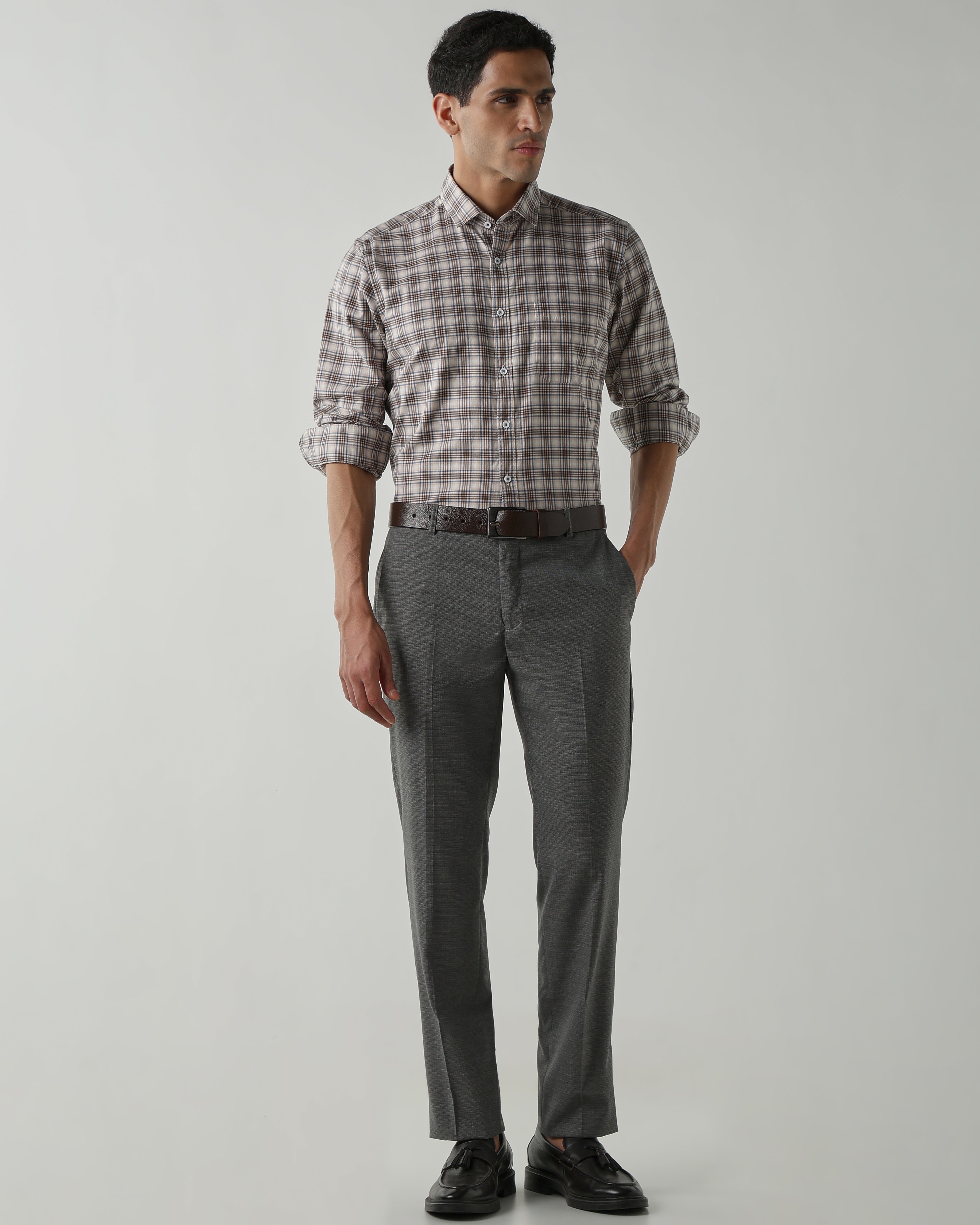 Brown/Blue Pure Cotton Shirts for Men | Slim Fit Luxury Wear