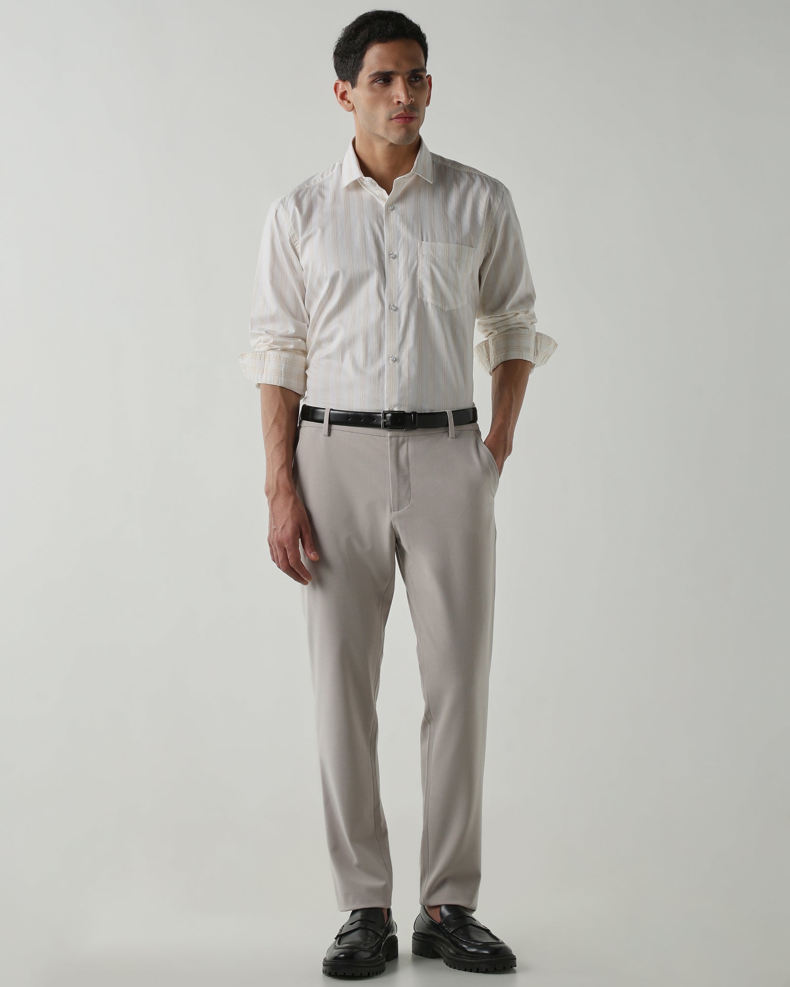 White/Beige 100% Cotton Stripe Shirts For Men | Regular Fit Fashion Formal Wear