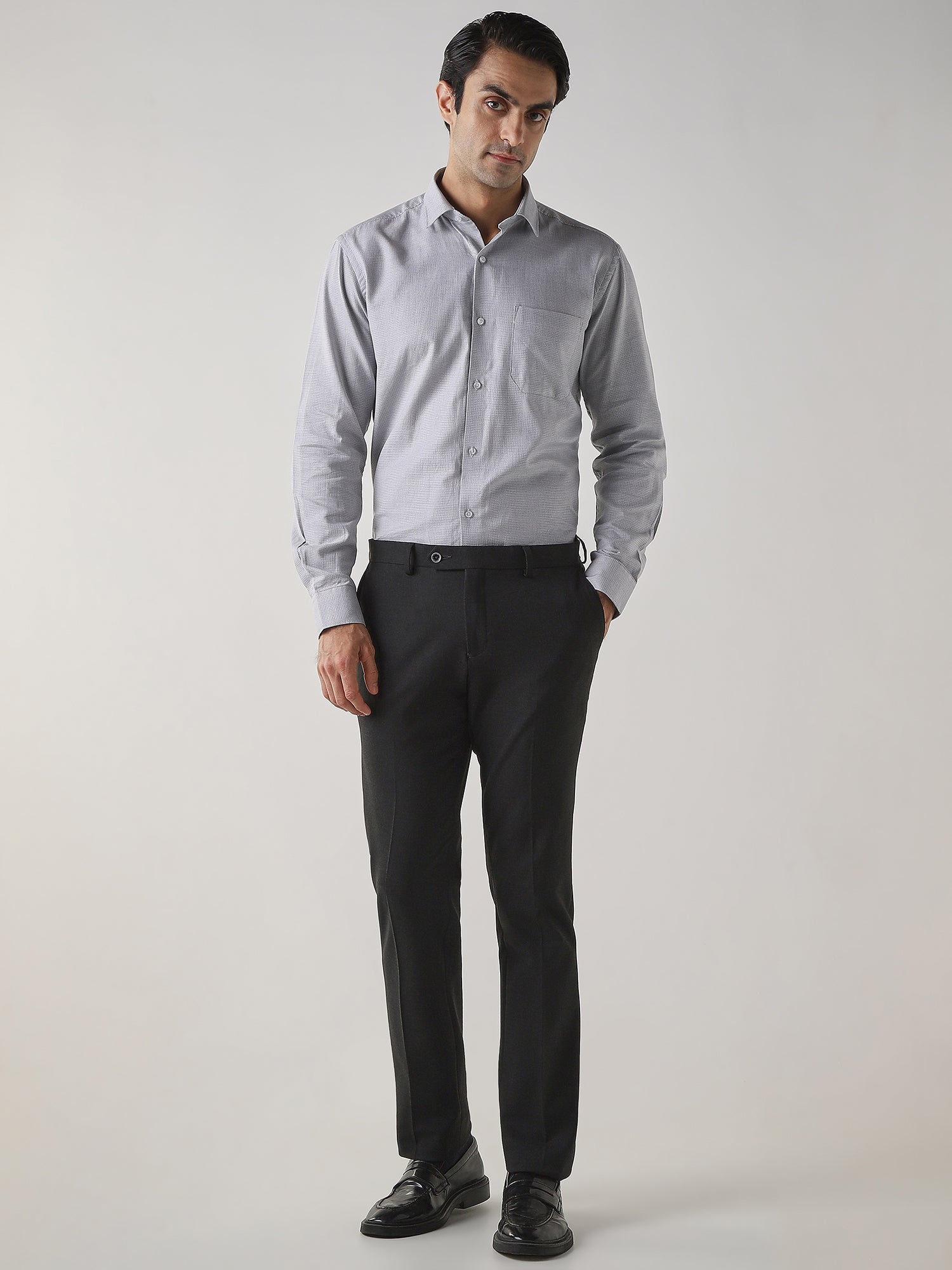 Dark Grey Cotton Blend Flat Front Slim Fit Formal Trouser