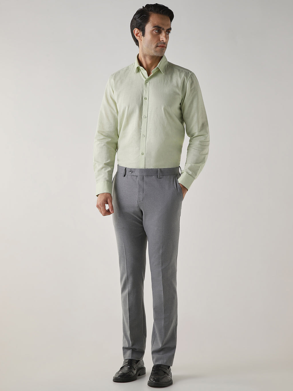 Mid Grey Cotton Blend Flat Front Slim Fit Formal Trouser