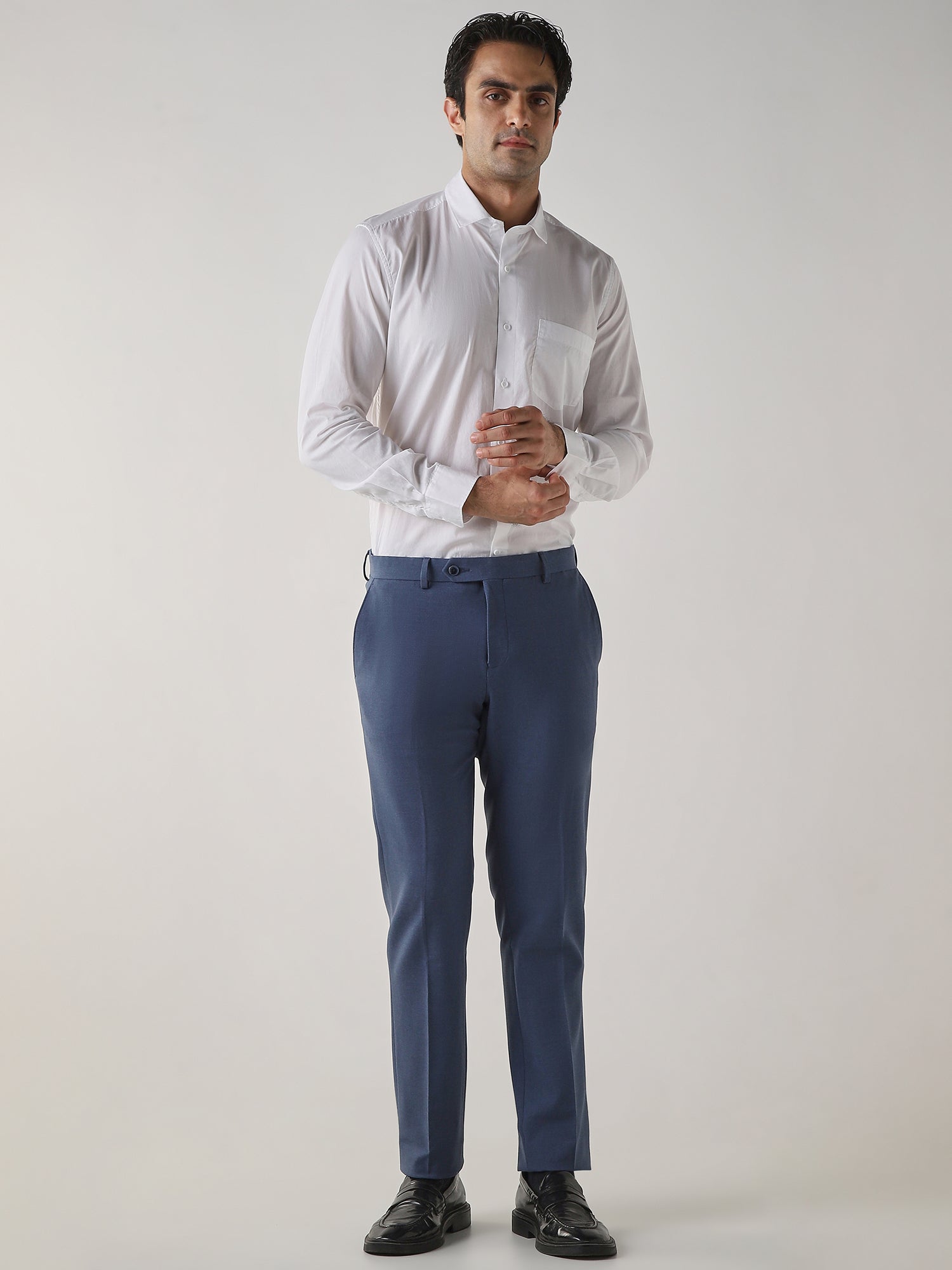 Royal Blue Cotton Blend Flat Front Slim Fit Formal Trouser