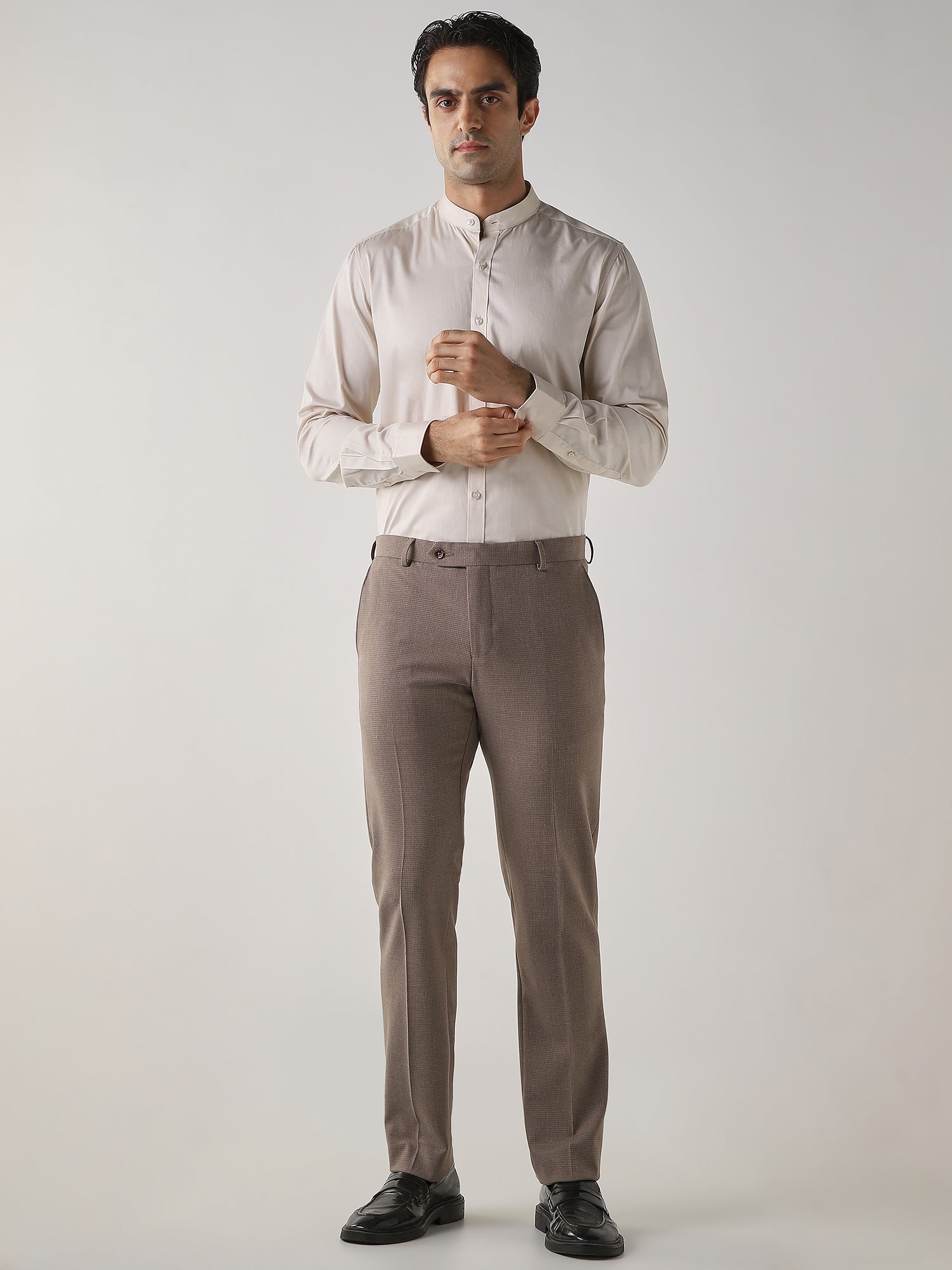 Brown Cotton Blend Flat Front Slim Fit Formal Trouser