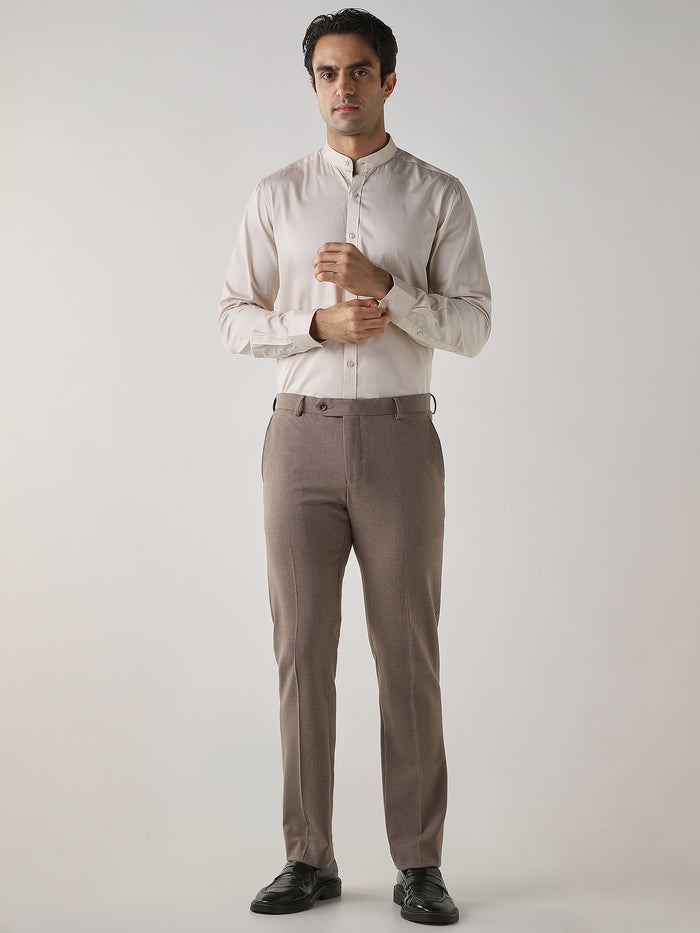 Brown Cotton Blend Flat Front Slim Fit Formal Trouser