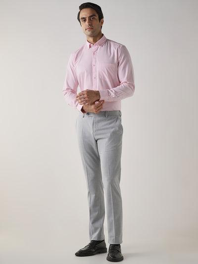 Grey Cotton Blend Flat Front Slim Fit Formal Trouser