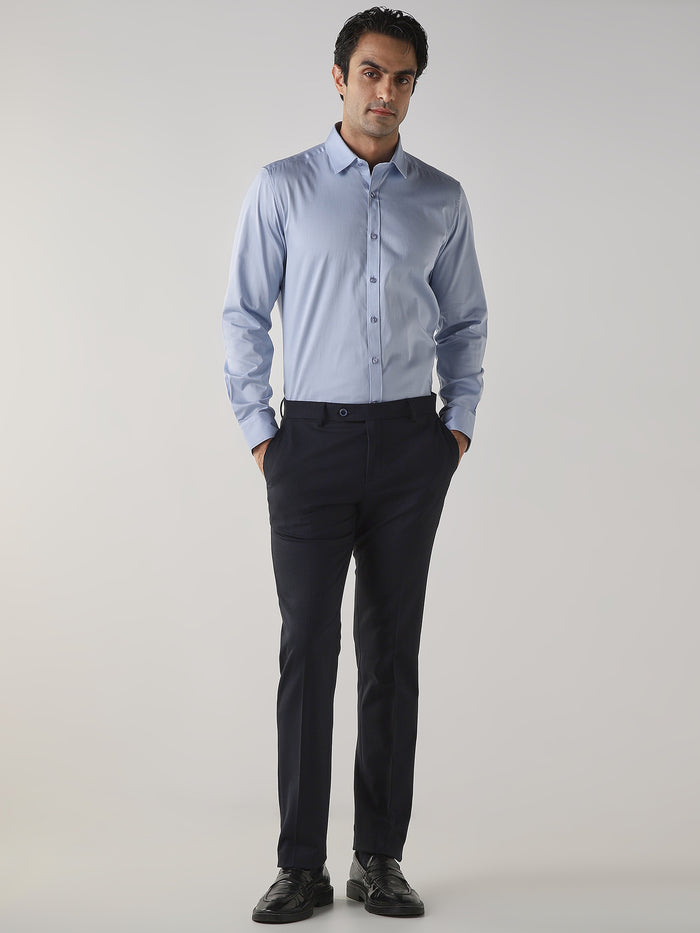 Navy Cotton Blend Flat Front Slim Fit Formal Trouser
