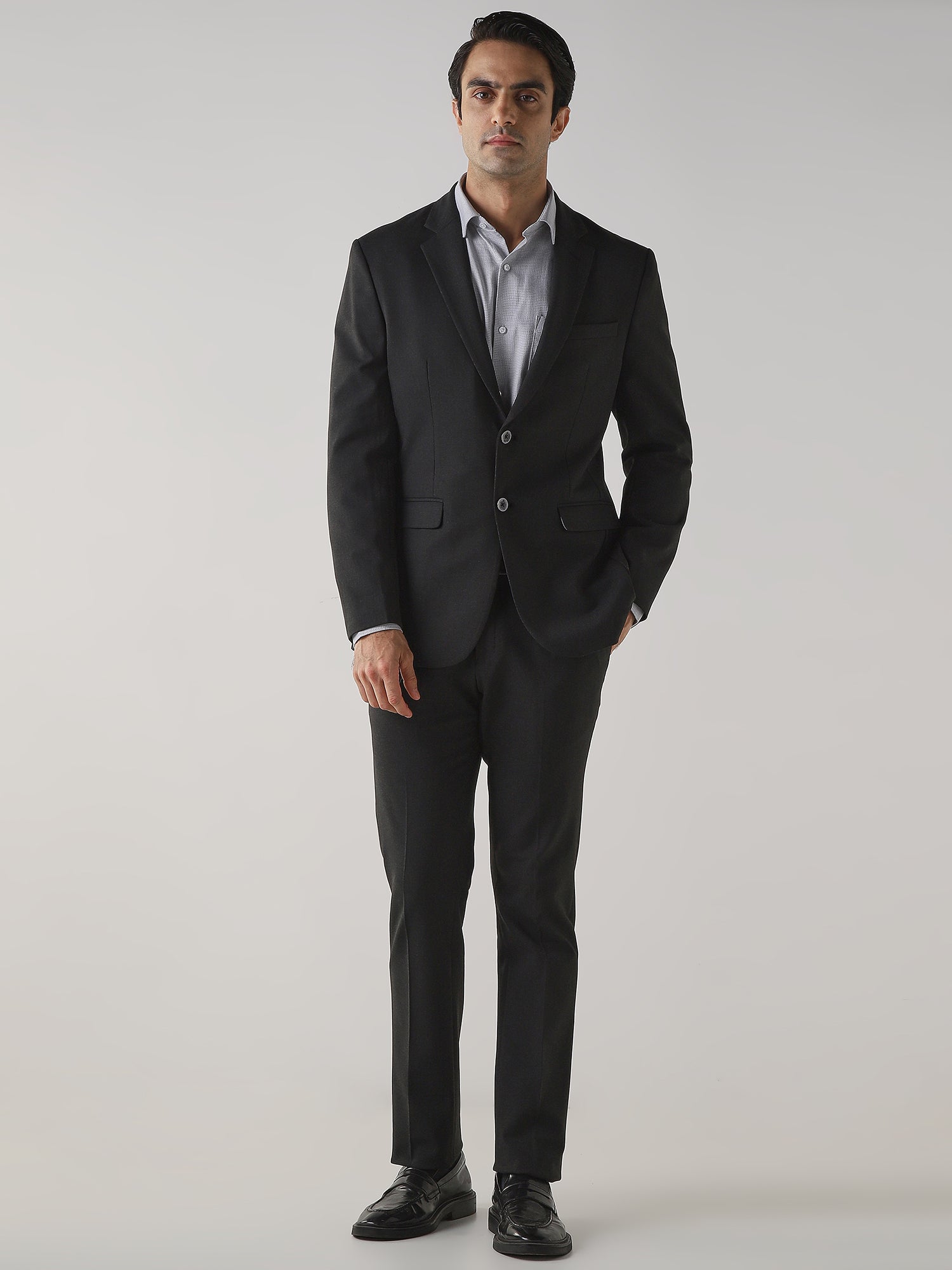 Dark Grey Textured Cotton Blend Tailored Fit Formal Blazer