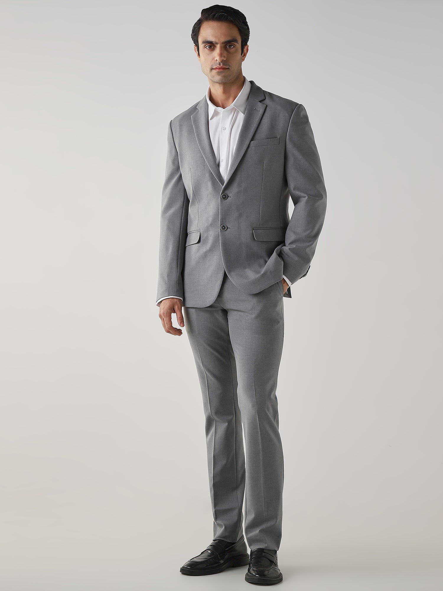 Mid Grey Textured Cotton Blend Tailored Fit Formal Blazer