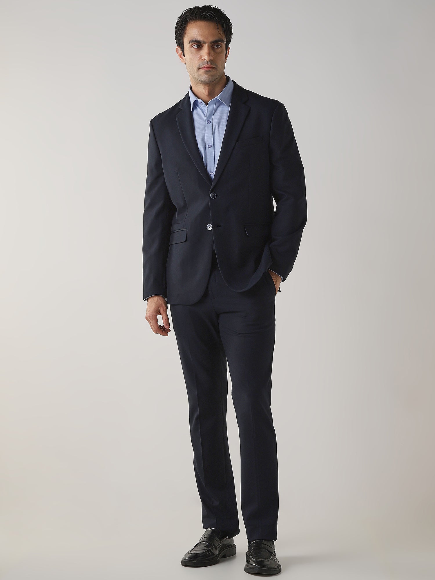 Navy Textured Cotton Blend Tailored Fit Formal Blazer