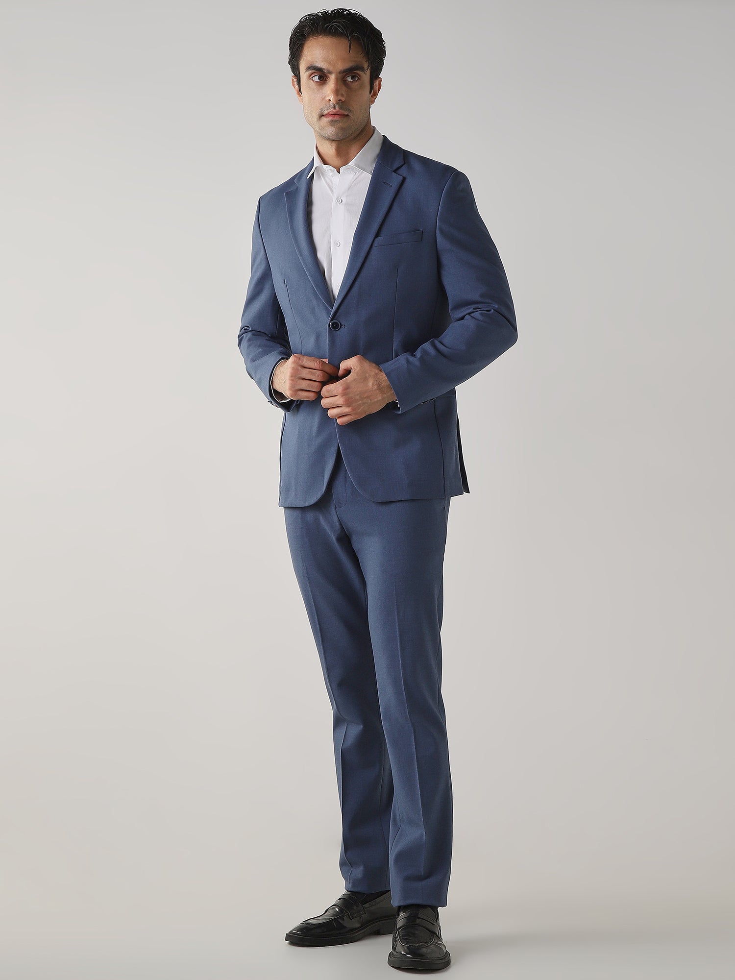 Royal blue Textured Cotton Blend Tailored Fit Formal Blazer