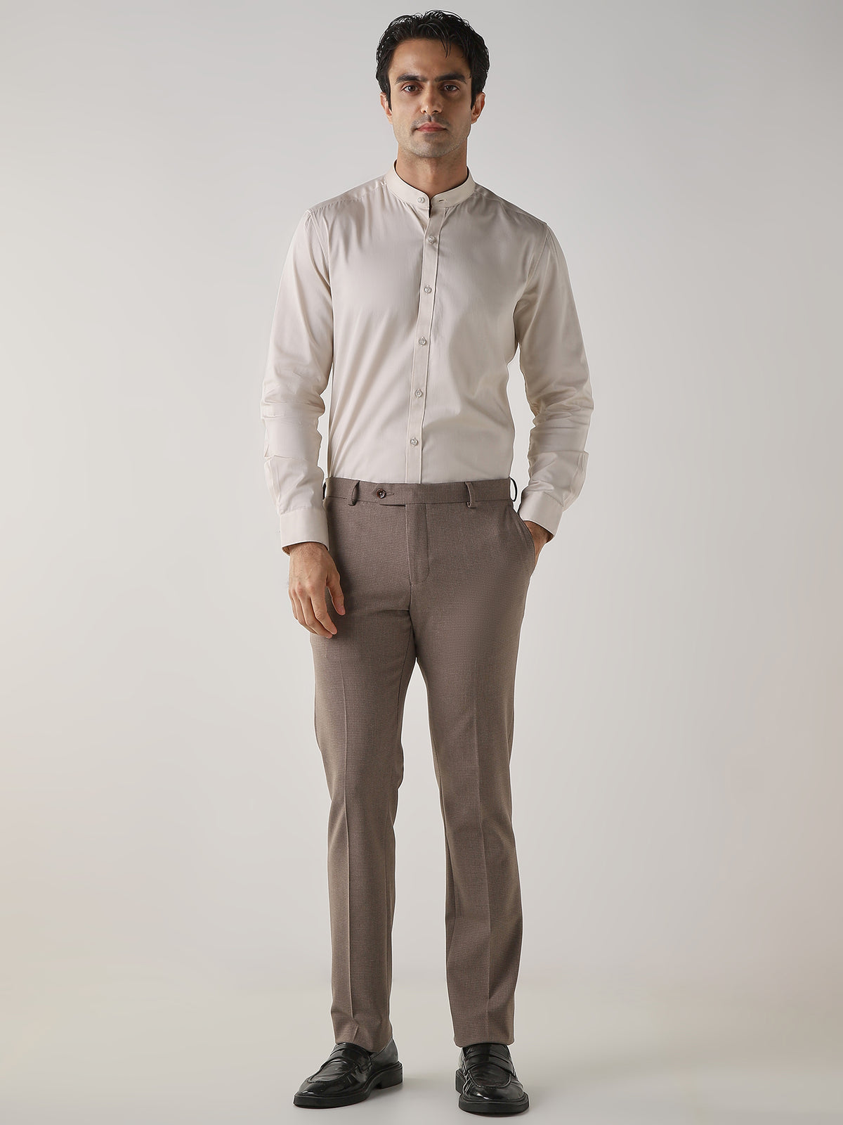 Men's Cotton Stretch Plain Slim Fit Full Sleeve Formal Shirt - Off White