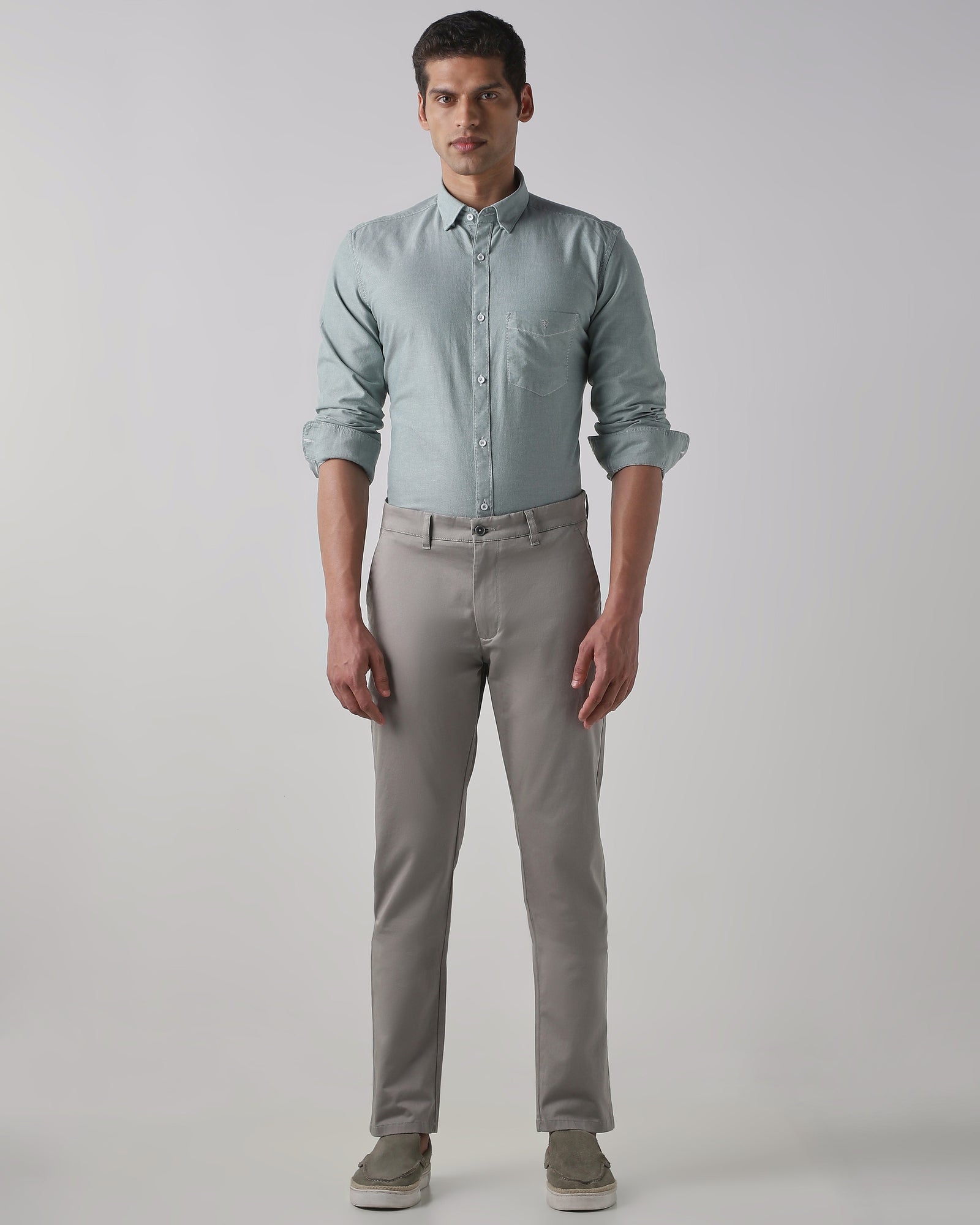 Grey Cotton Stretch Regular Fit Trouser