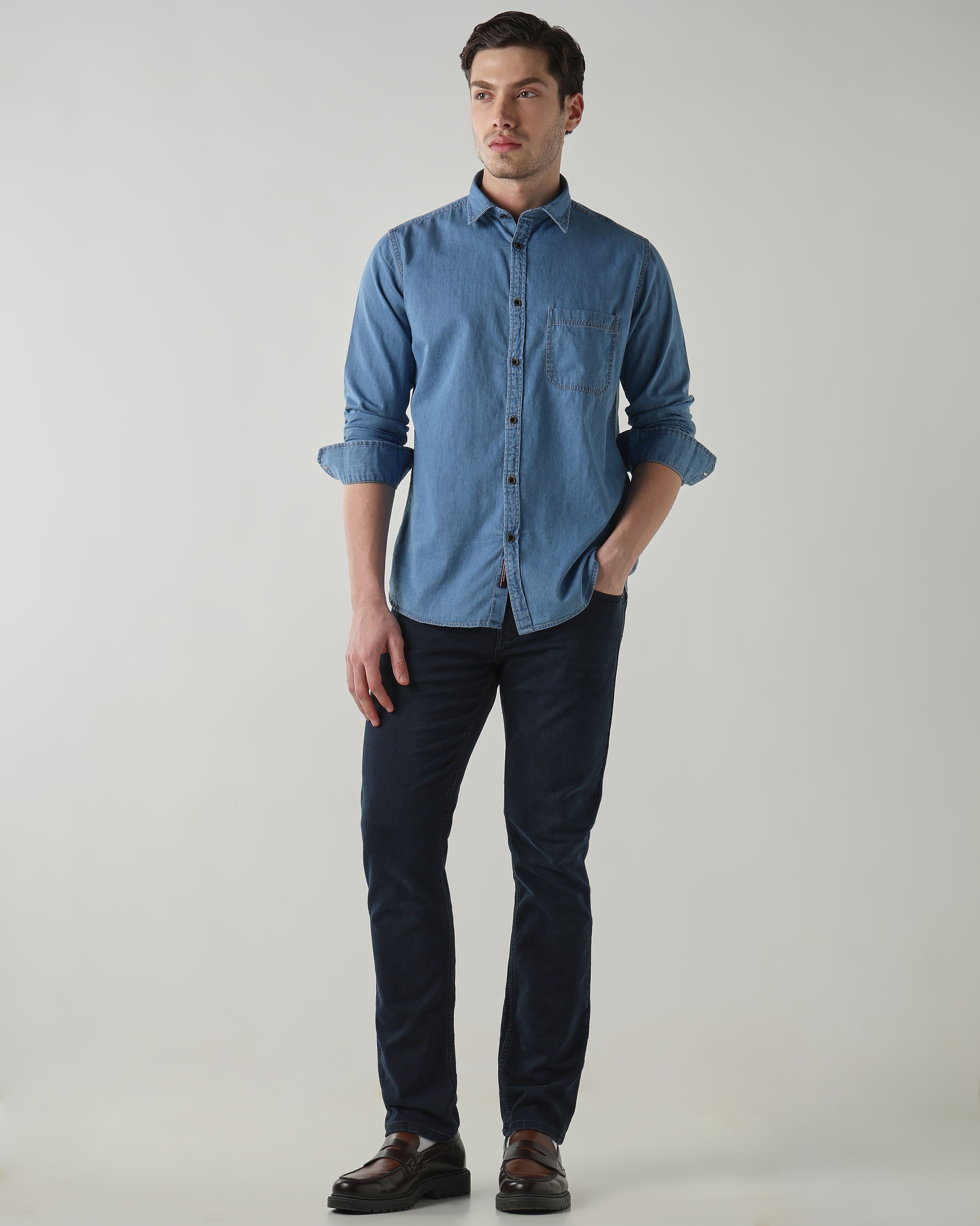 Men Slim Fit Denim Shirt - Light Blue