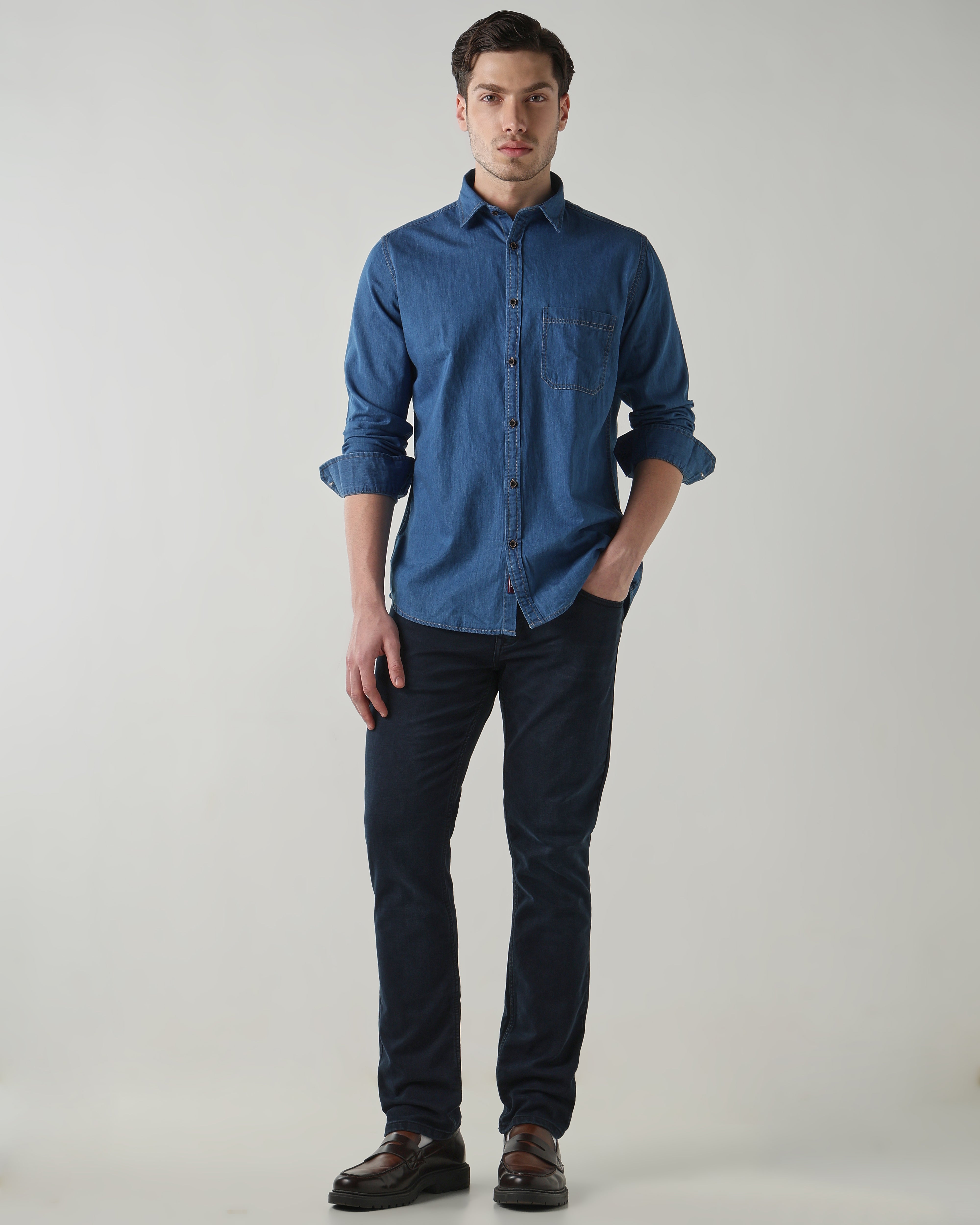Men Slim Fit Denim Shirt - Medium Blue