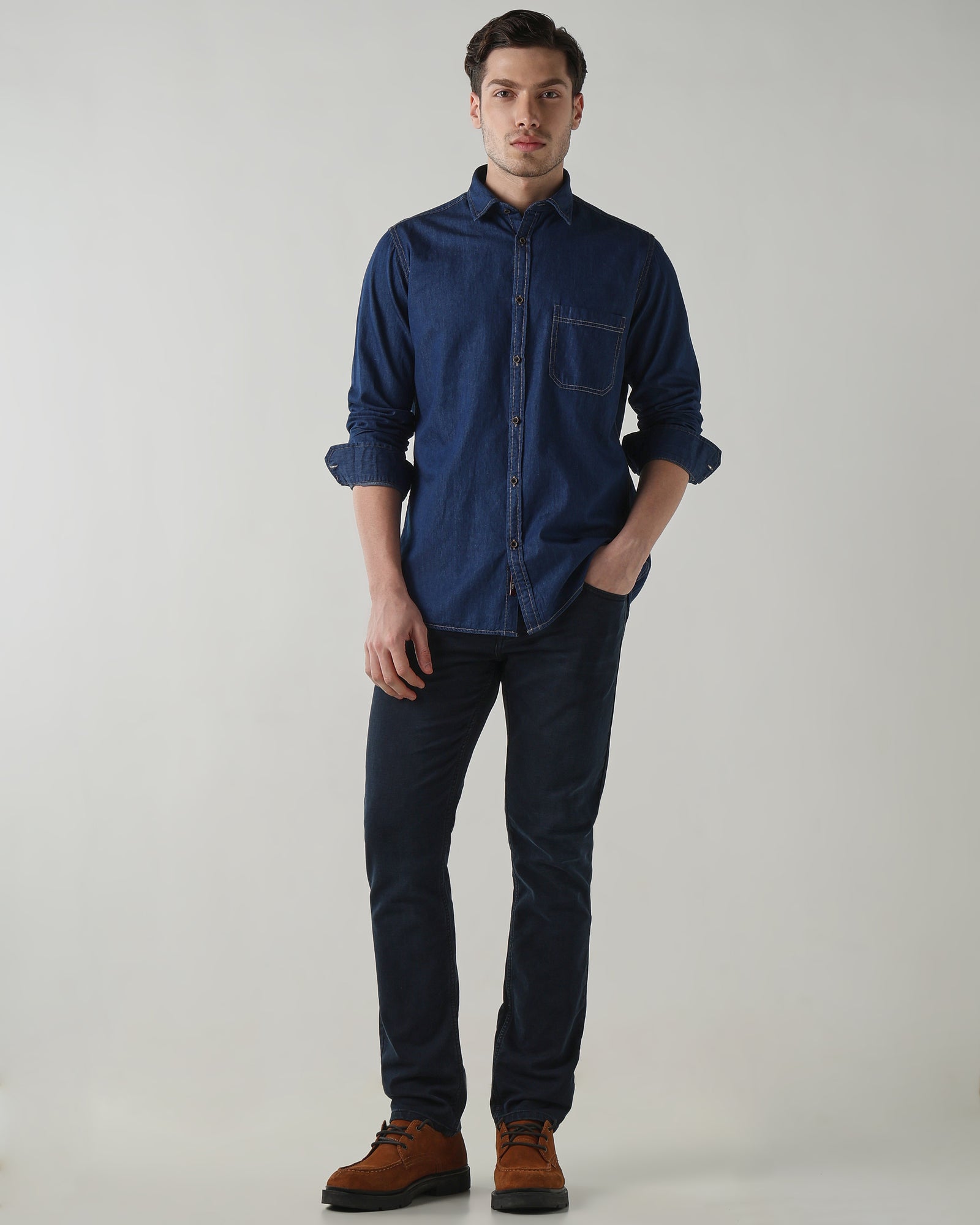 Men Slim Fit Denim Shirt - Dark Blue