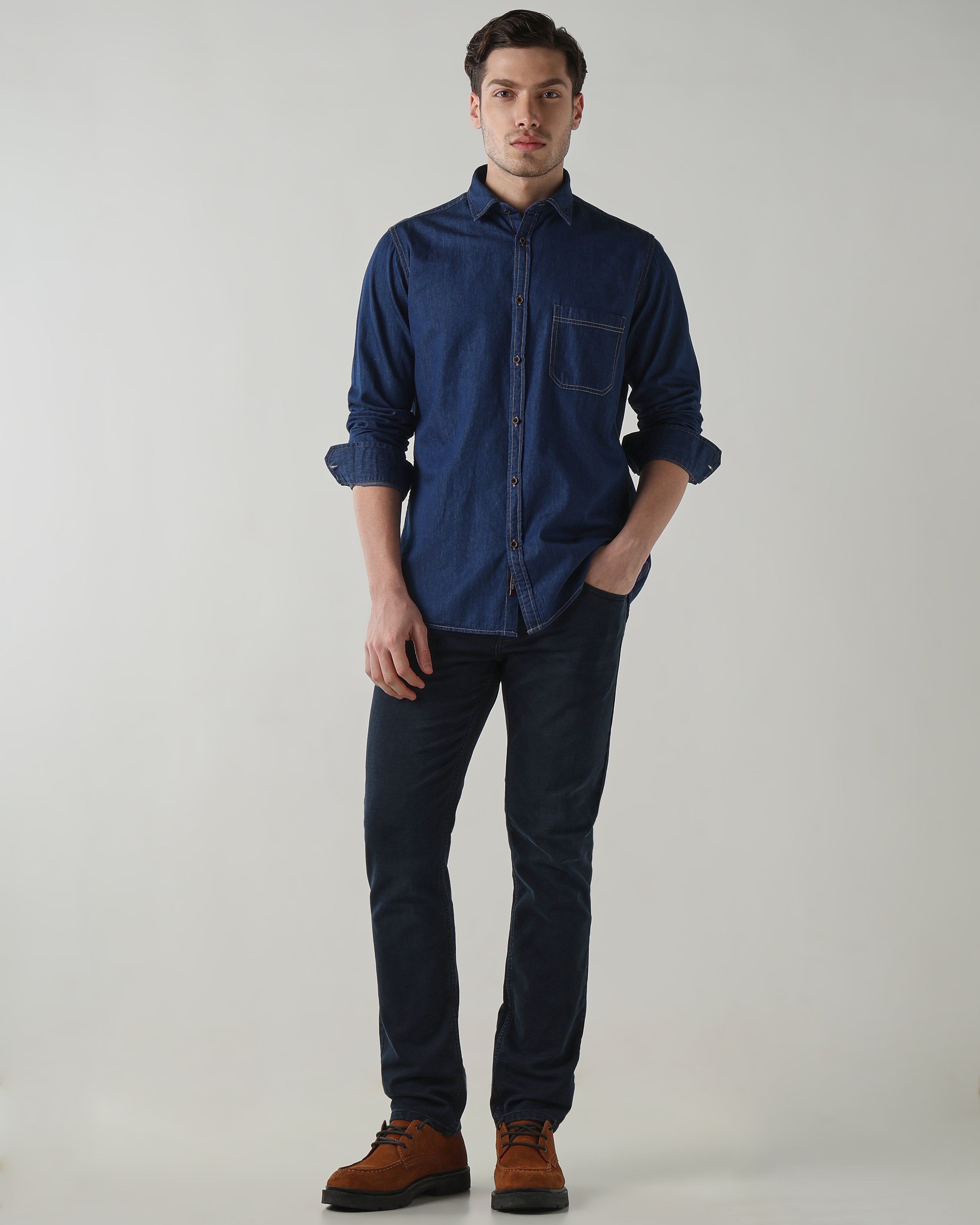 Men Slim Fit Denim Shirt - Dark Blue