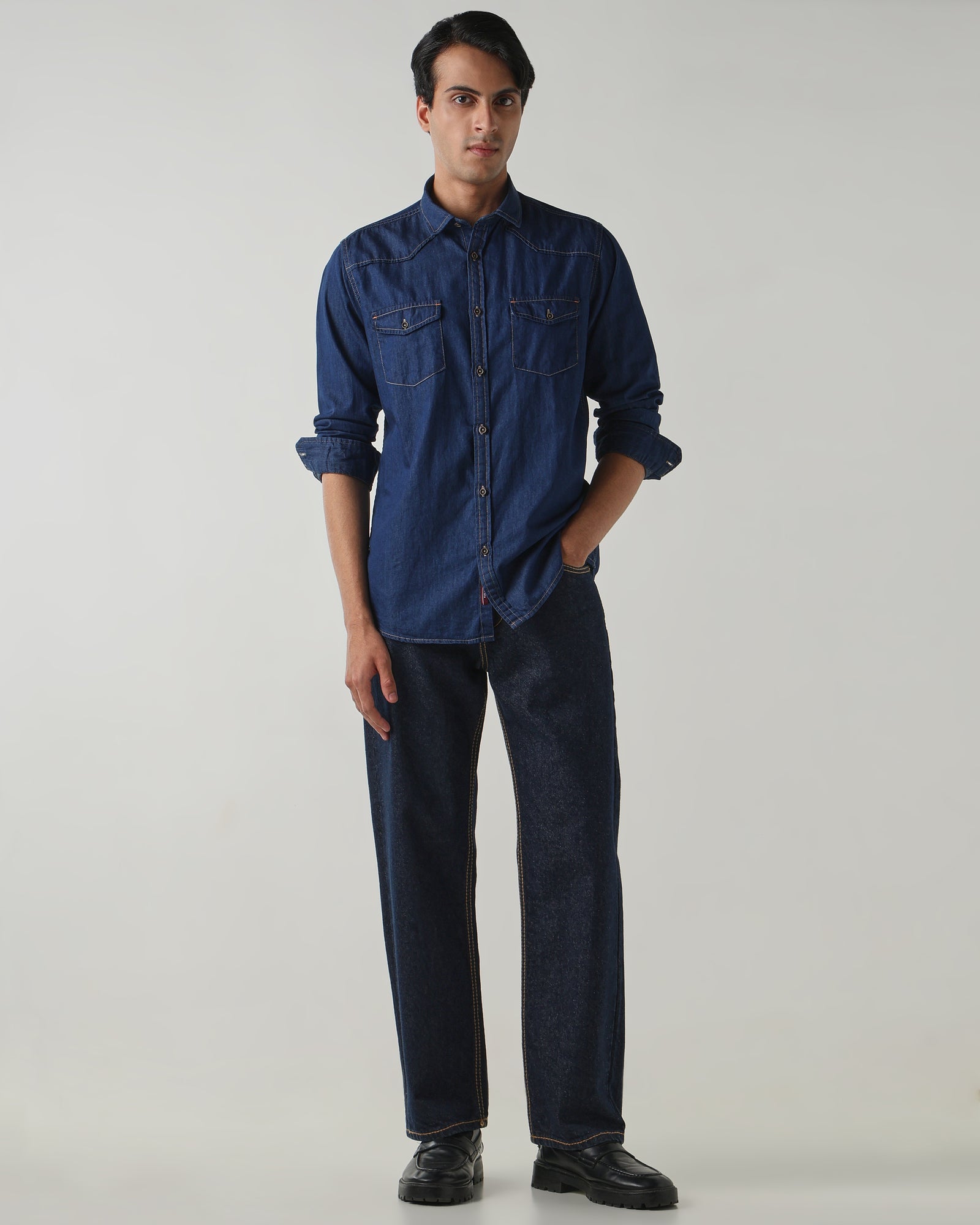 Men Slim Fit Denim Shirt - Dark Blue