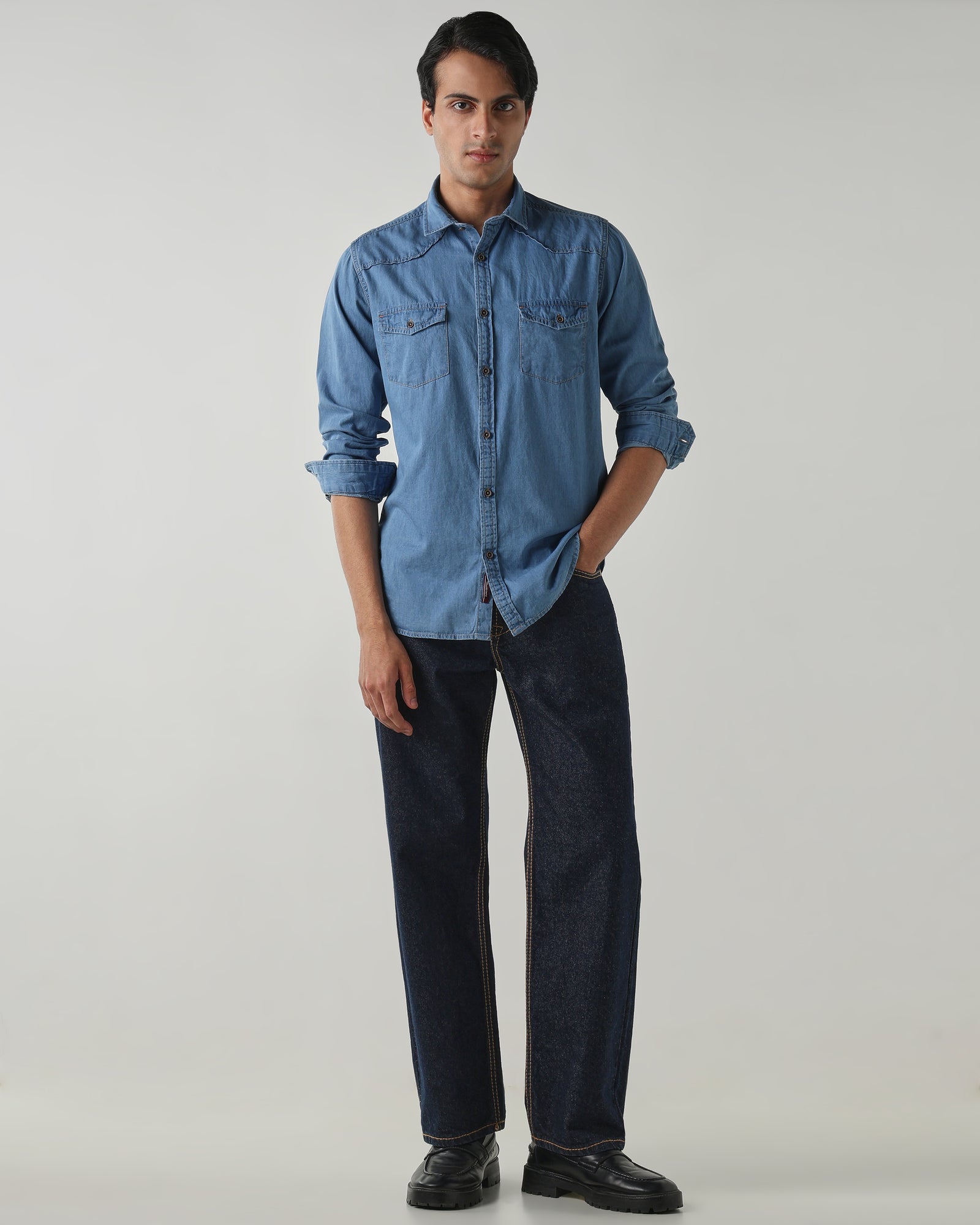 Men Slim Fit Denim Shirt- Light Blue