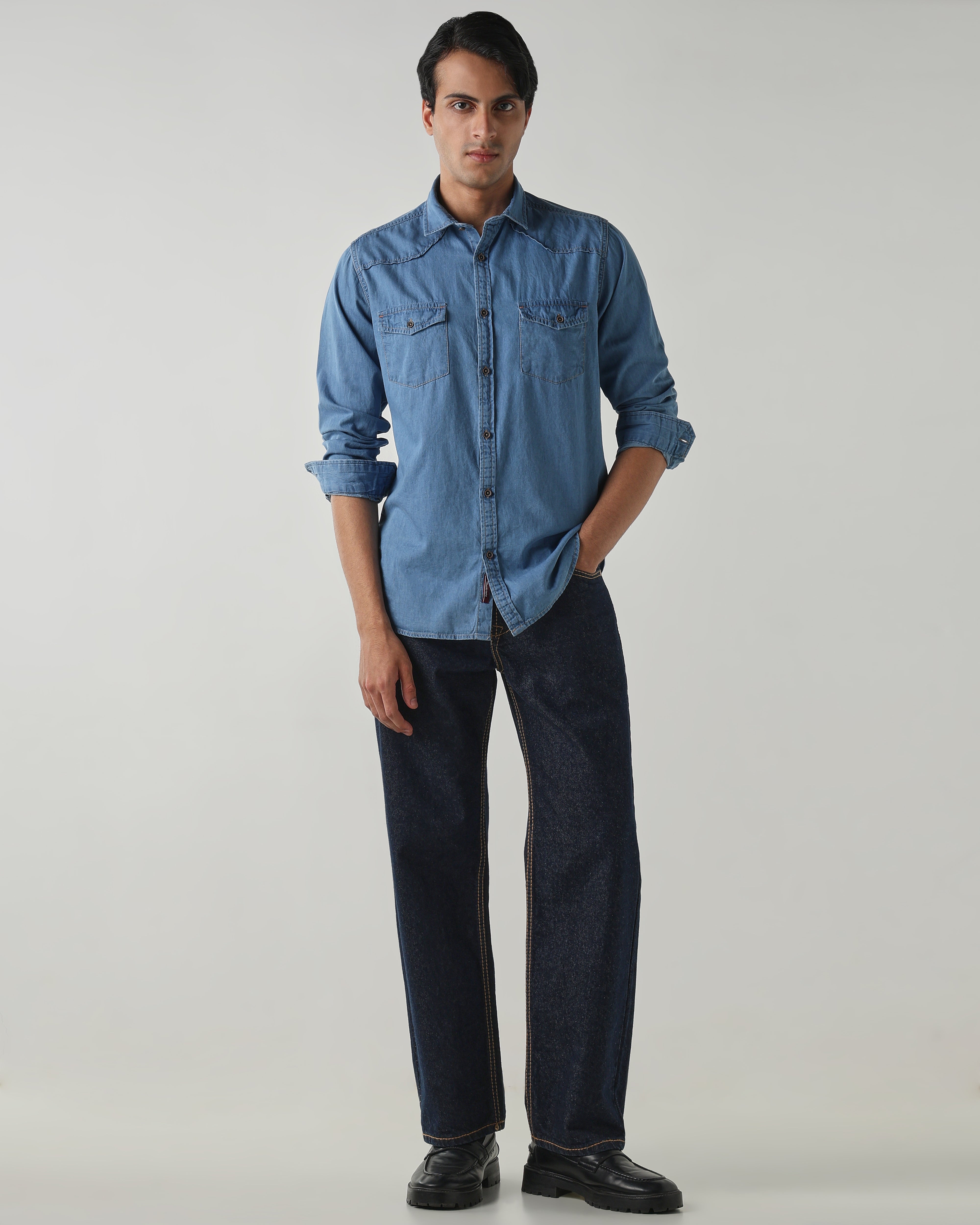 Men Slim Fit Denim Shirt- Light Blue