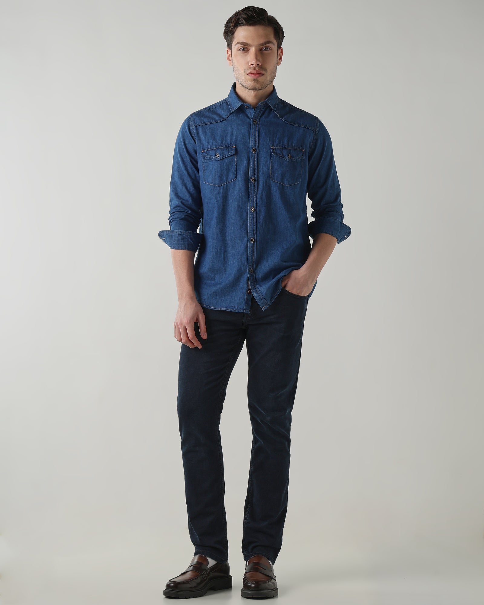 Men Slim Fit Denim Shirt - Medium Blue