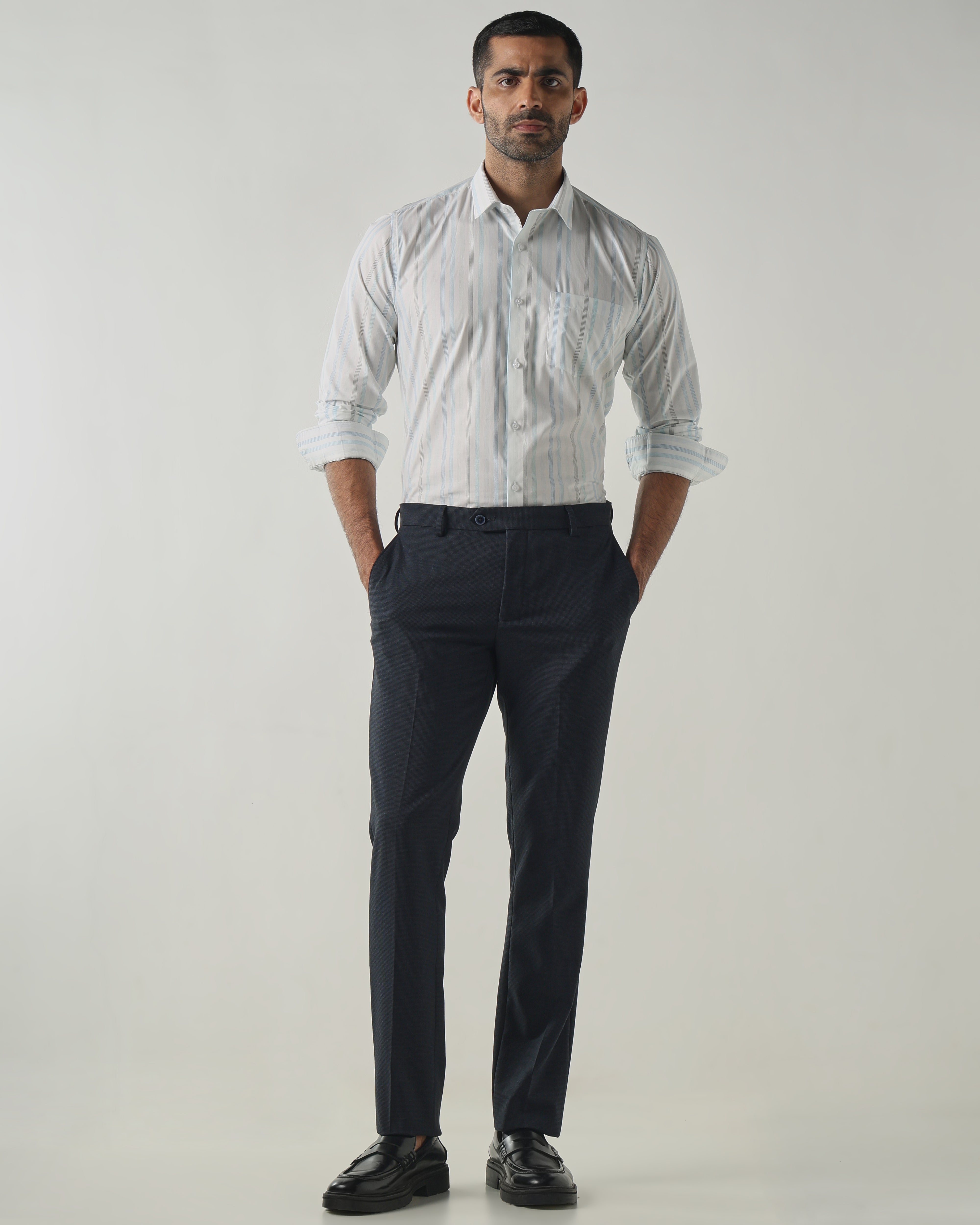 White/Blue Slim Fit Formal Essential Shirts