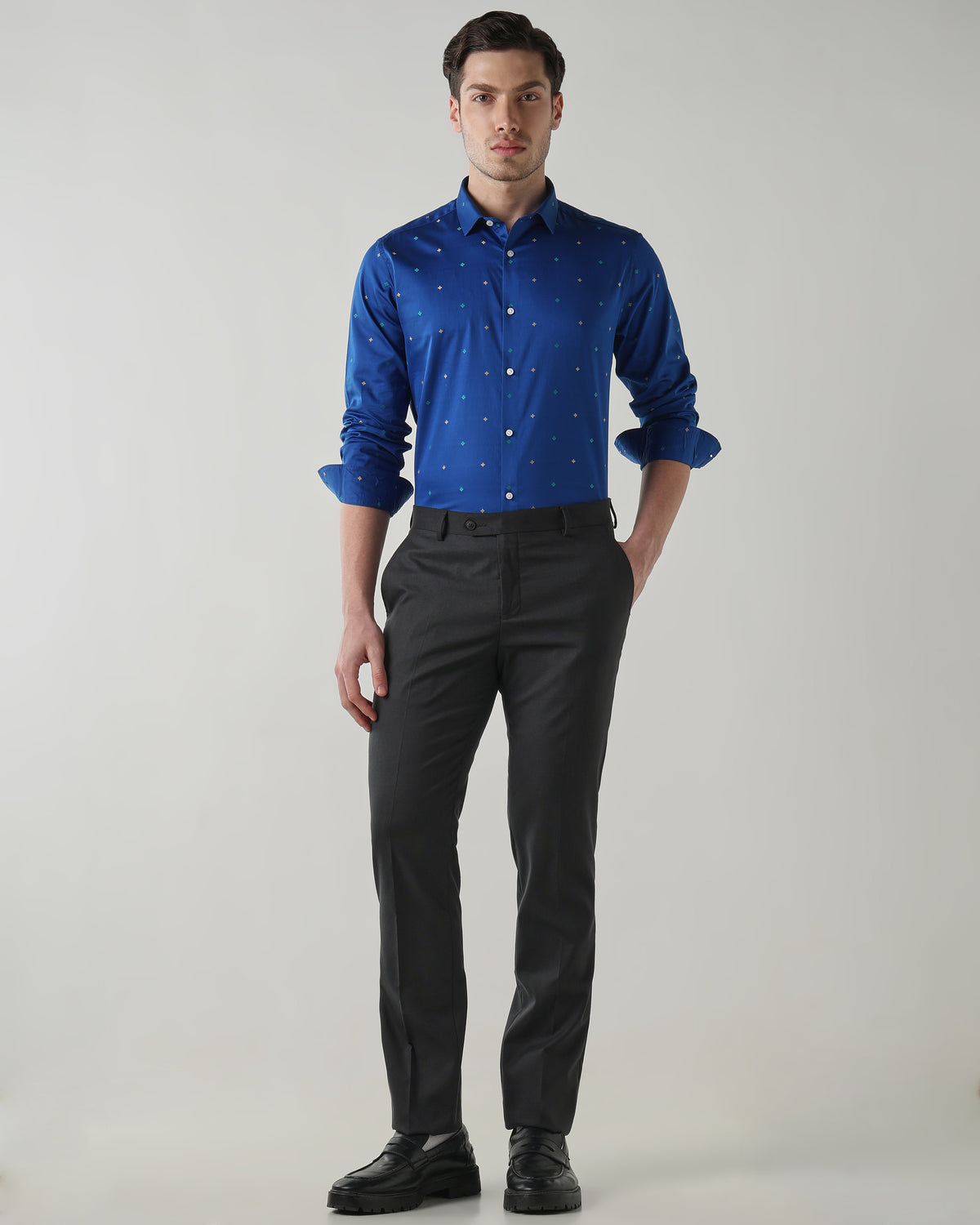 Men's Pure Cotton Jacquard Jacquard Dobby Slim Fit Full Sleeve Formal Shirt - Blue