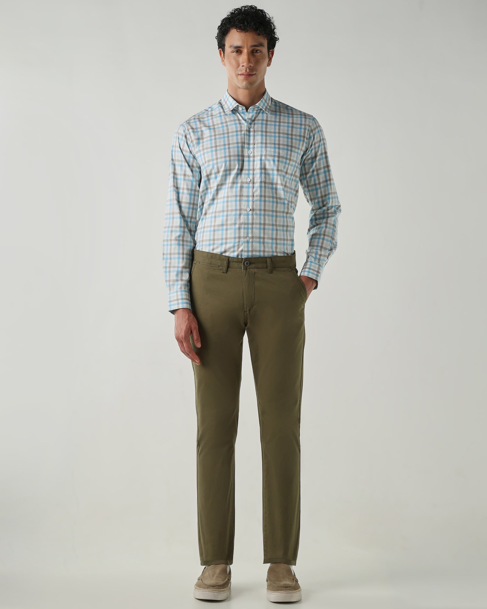 Men Slim Fit Shirts Aqua/Green/Brown