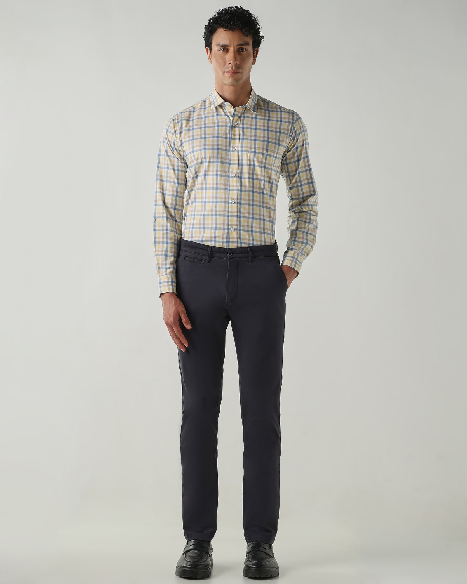 Men Slim Fit Shirts Yellow/Blue/Brown