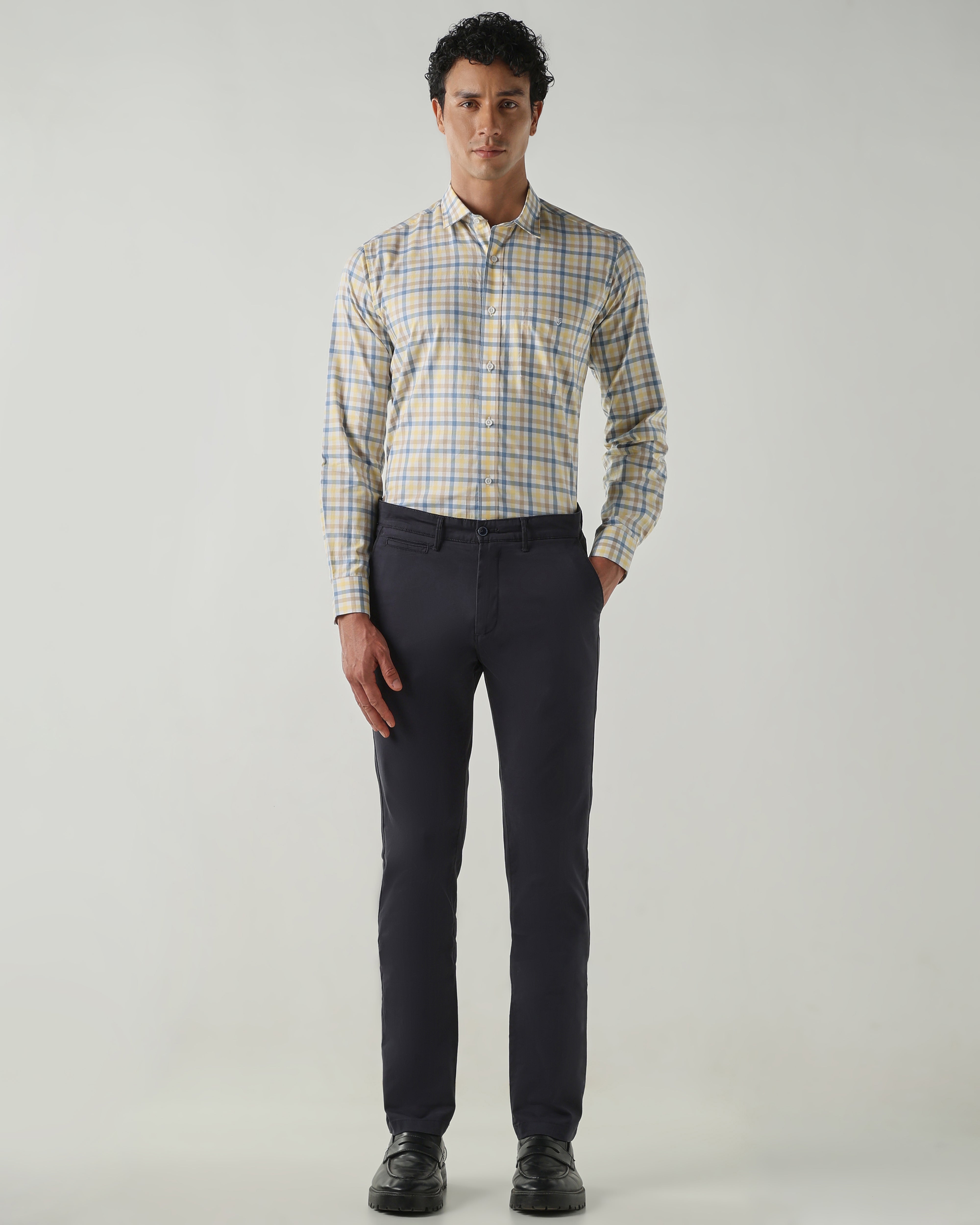 Men Slim Fit Shirts Yellow/Blue/Brown