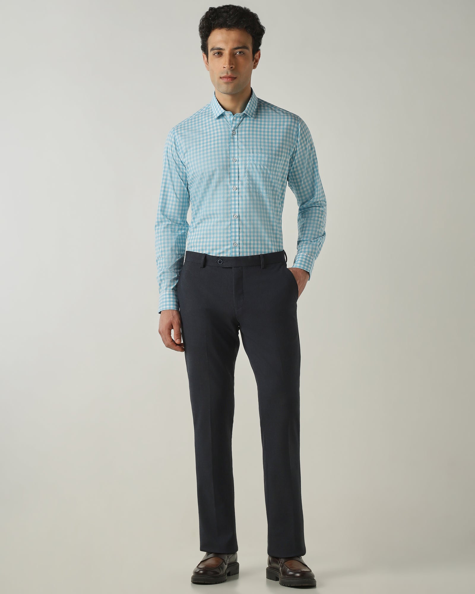 Shirt Aqua/White Slim Fit 100% Cotton