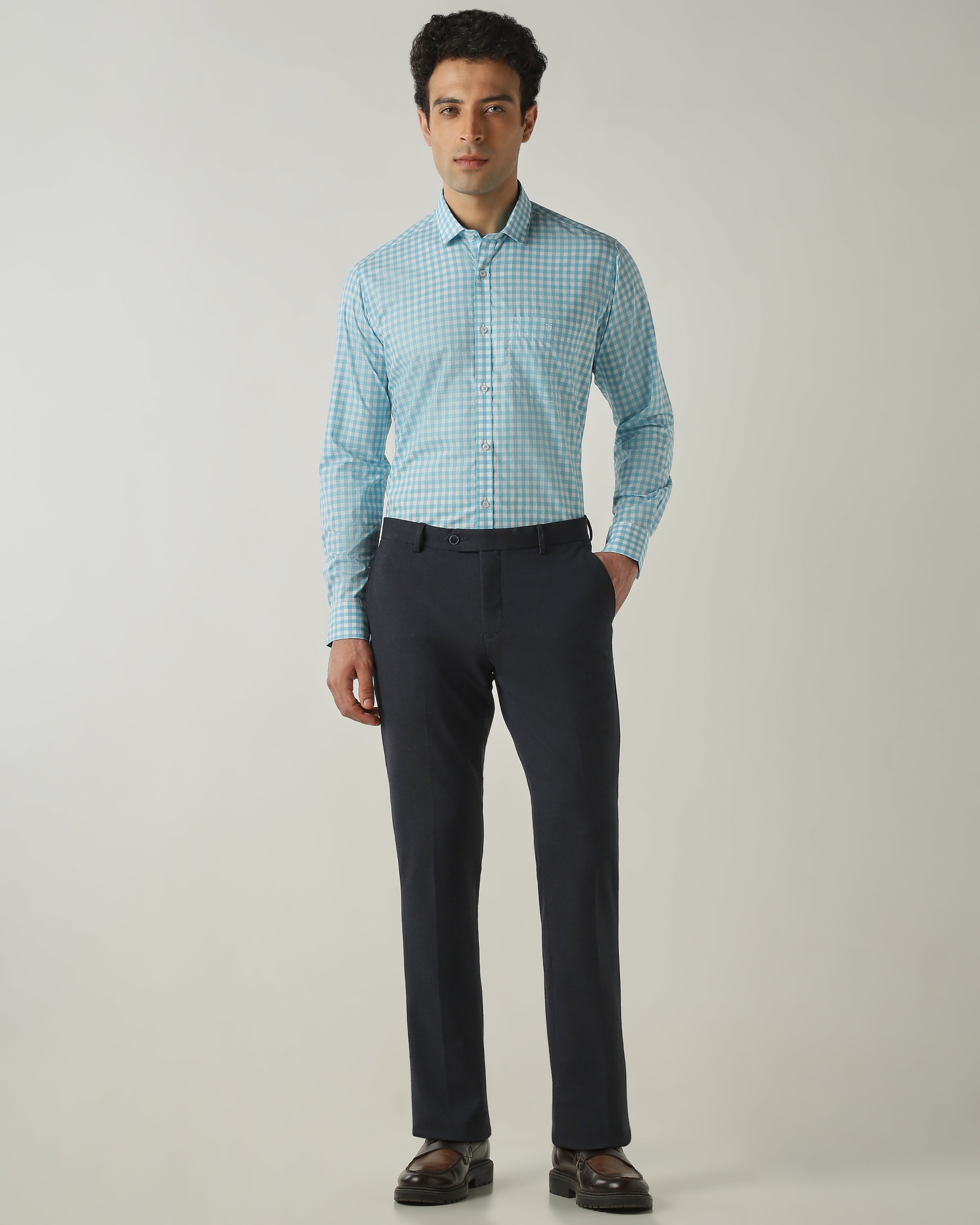 Shirt Aqua/White Slim Fit 100% Cotton