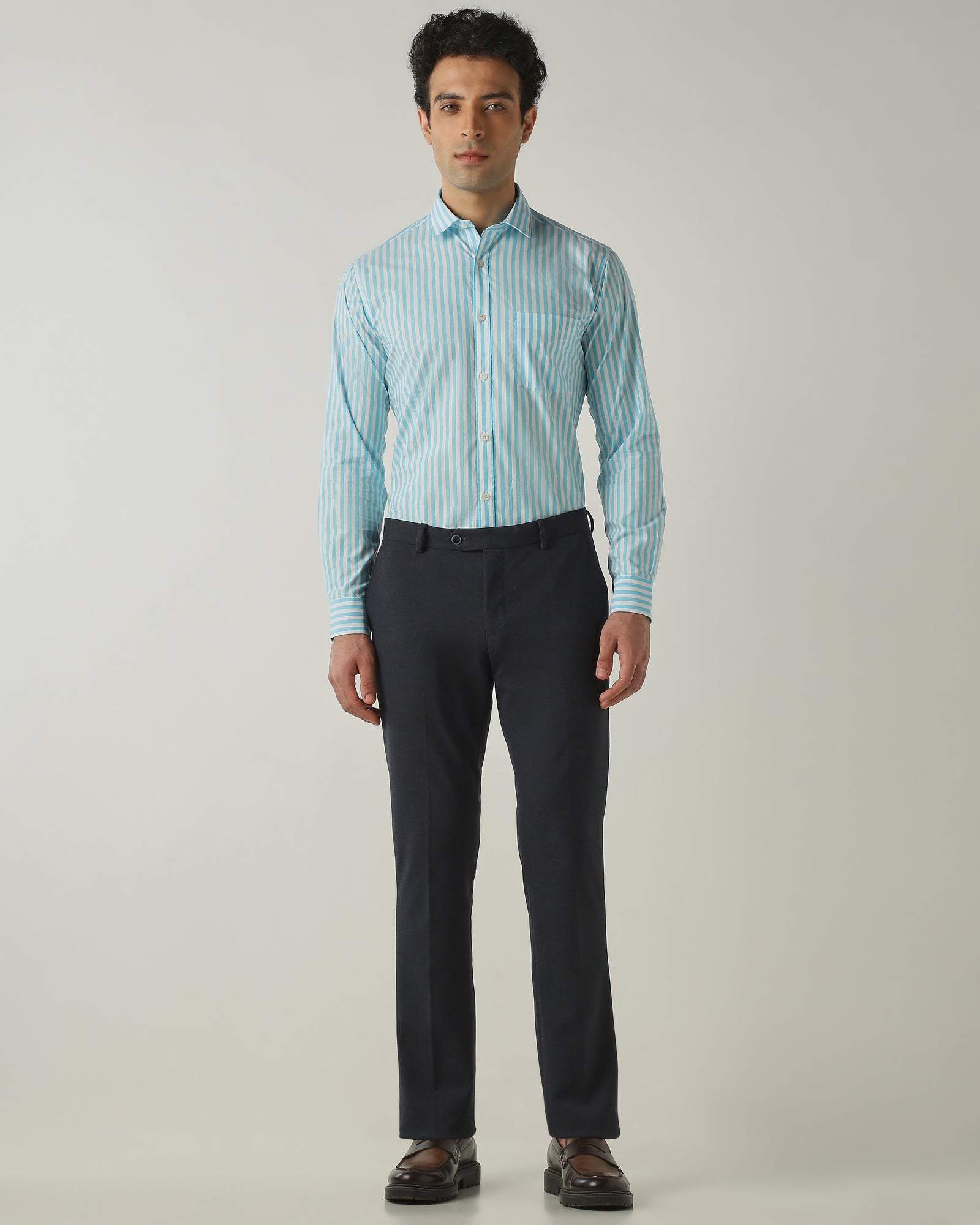 Shirt Aqua/White Slim Fit 100% Cotton