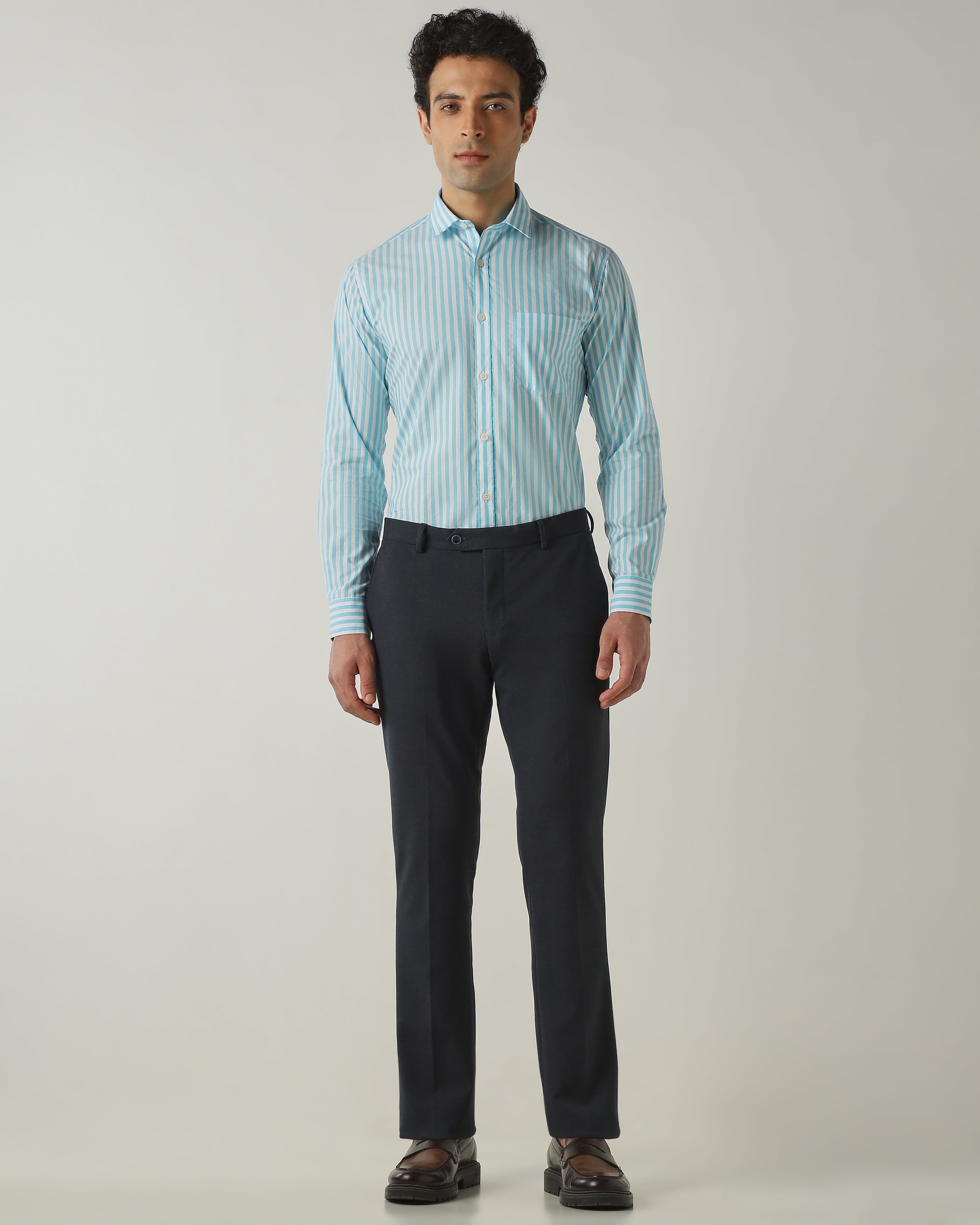 Shirt Aqua/White Slim Fit 100% Cotton