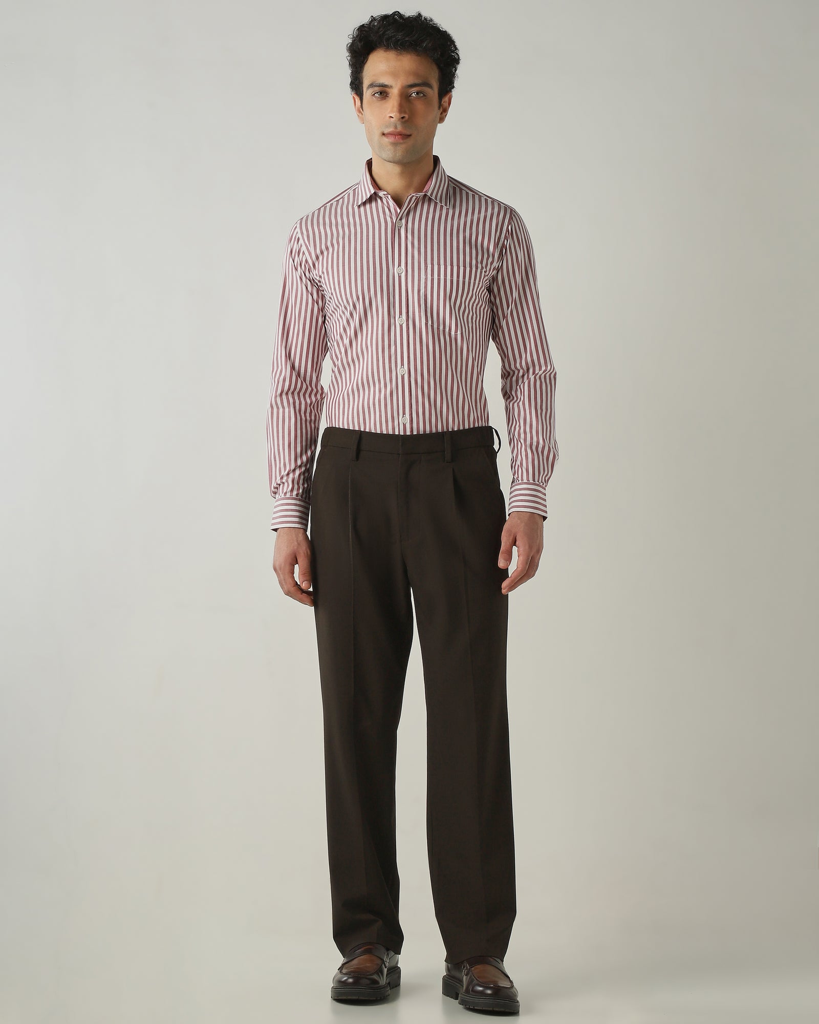 Shirt Maroon/White Slim Fit 100% Cotton