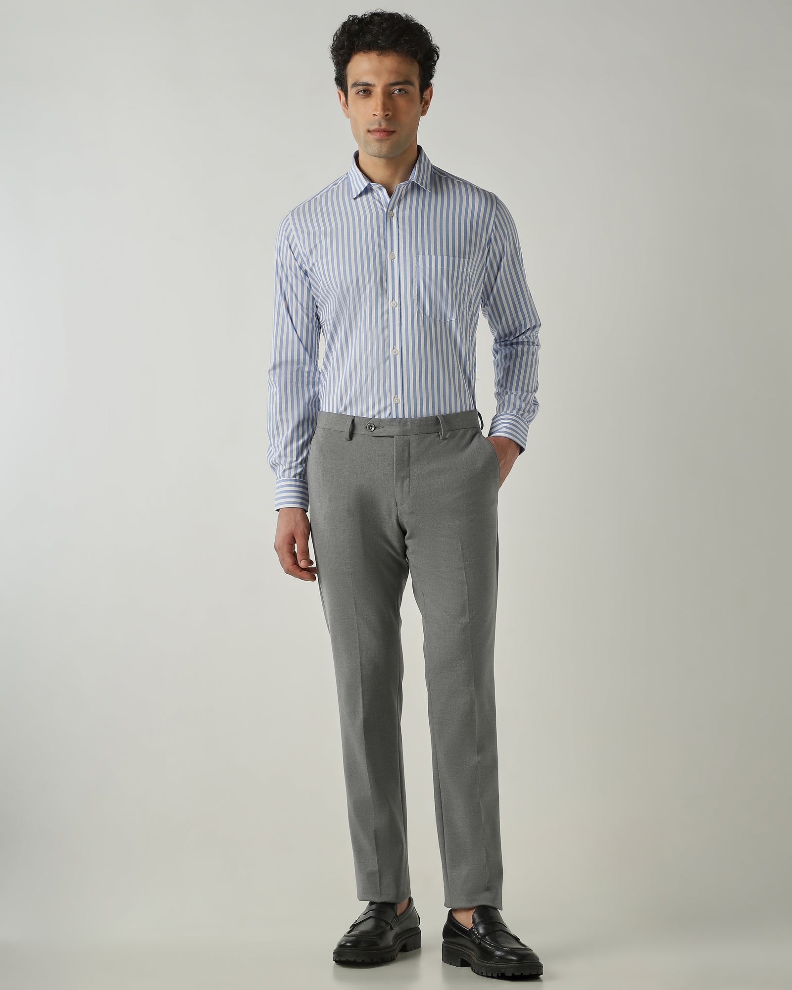 Shirt White/Sky Blue Slim Fit 100% Cotton
