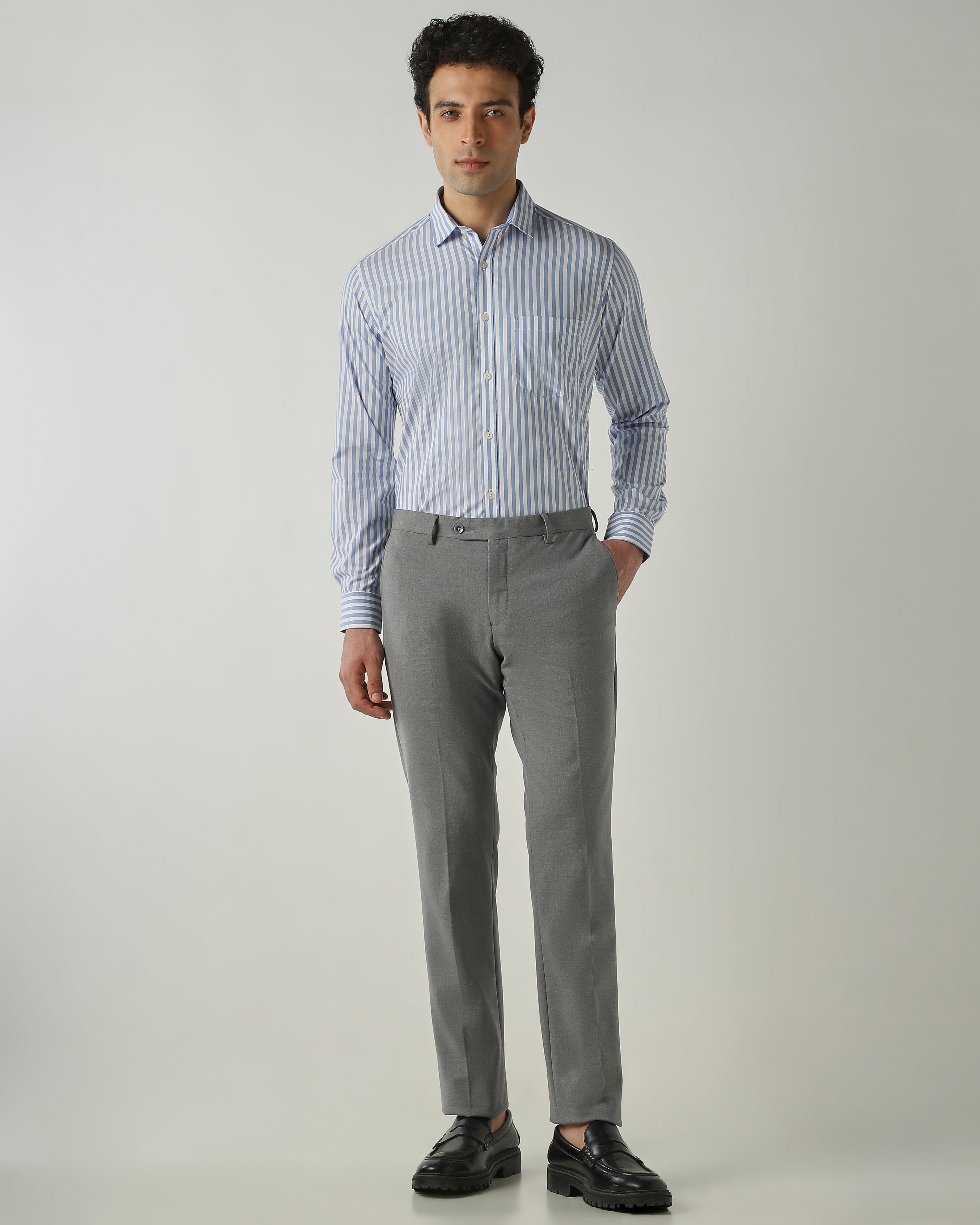 Shirt White/Sky Blue Slim Fit 100% Cotton