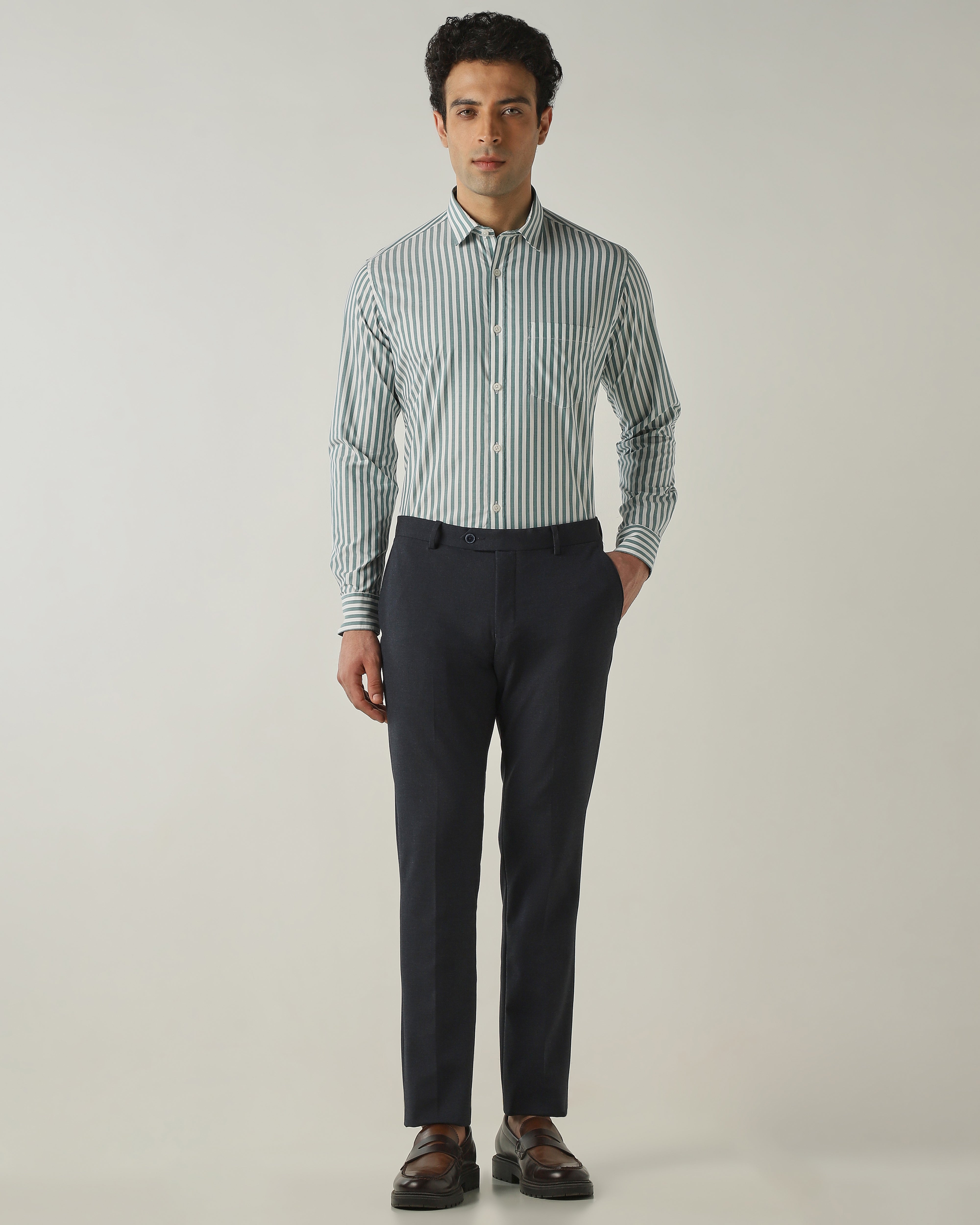 Shirt WHITE/GREEN Slim Fit 100% Cotton