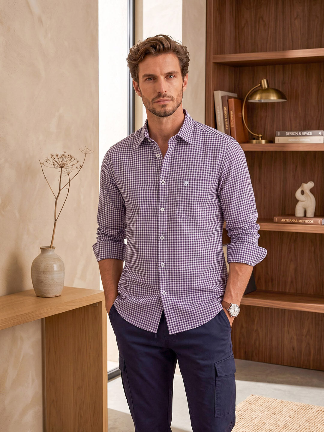 Men's Pure Cotton Checks Regular Fit Full Sleeve Casual Shirt - Purple
