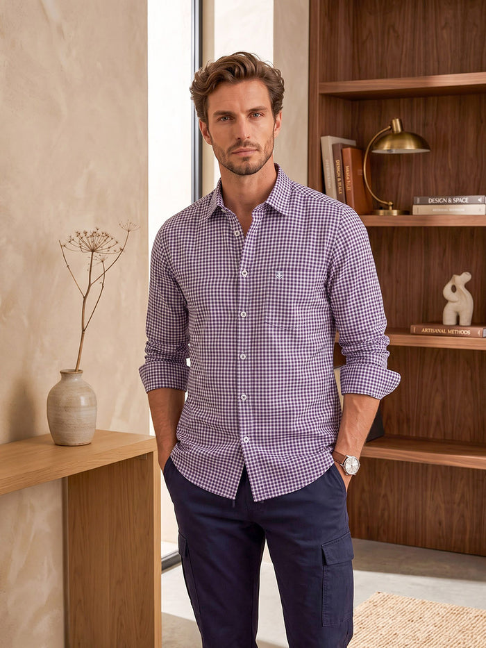 Men's Pure Cotton Checks Regular Fit Full Sleeve Casual Shirt - Purple