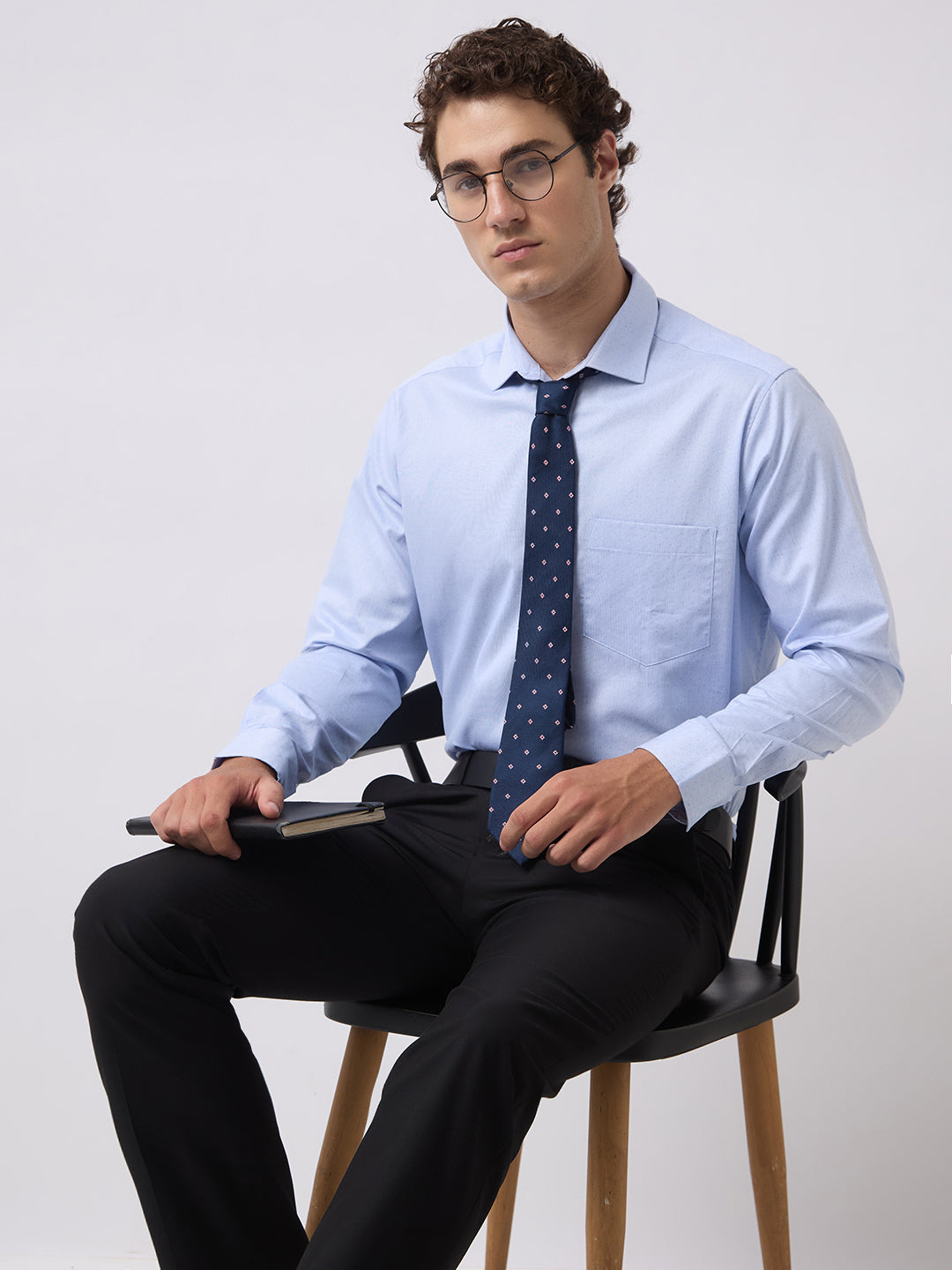 Men's Pure Cotton Dobby Solid Regular Fit Full Sleeve Formal Shirt - Blue