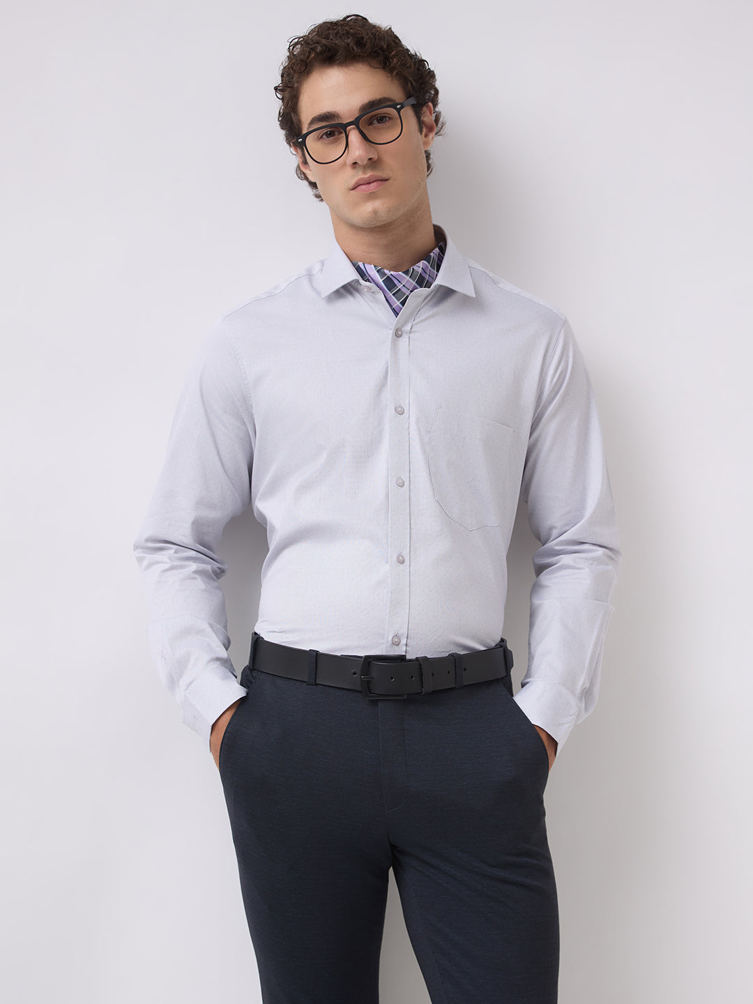 Men's Pure Cotton Dobby Solid Regular Fit Full Sleeve Formal Shirt - Grey