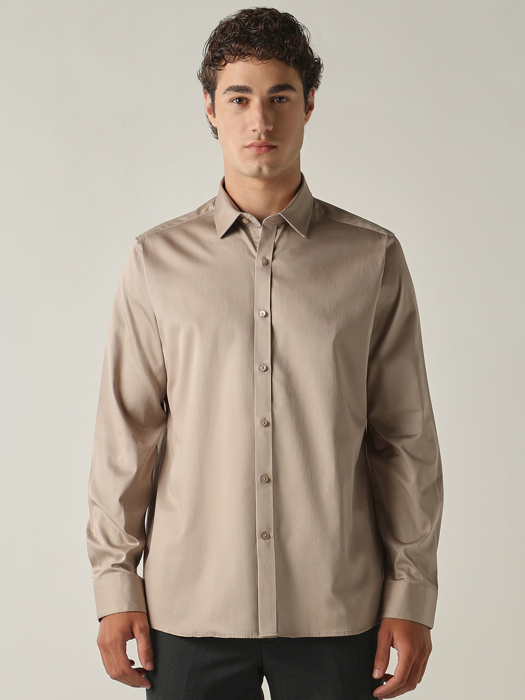 Men's Cotton Stretch Solid Slim Fit Full Sleeve Casual Shirt - Beige