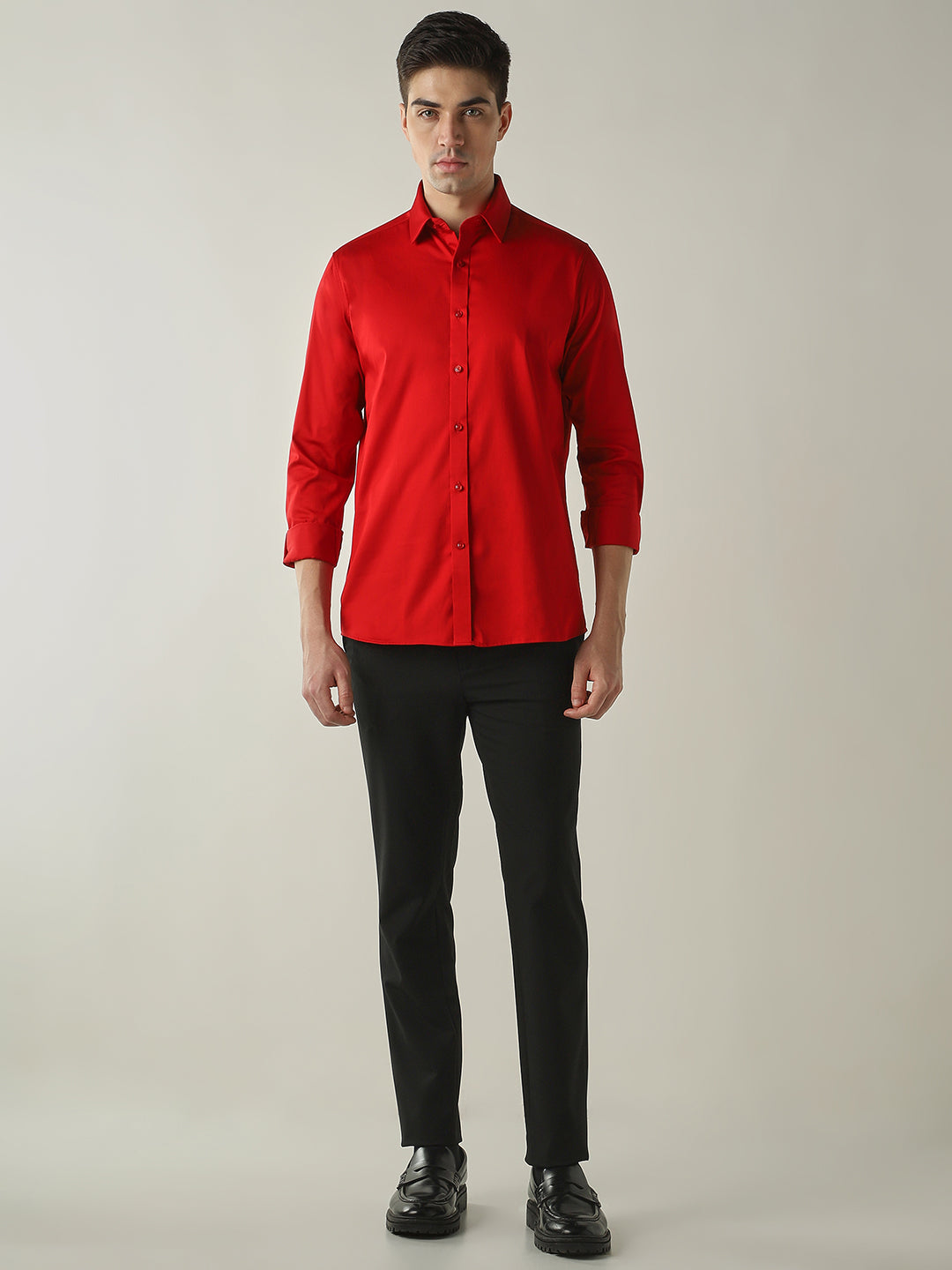 Men's Cotton Stretch Solid Slim Fit Full Sleeve Casual Shirt - Red