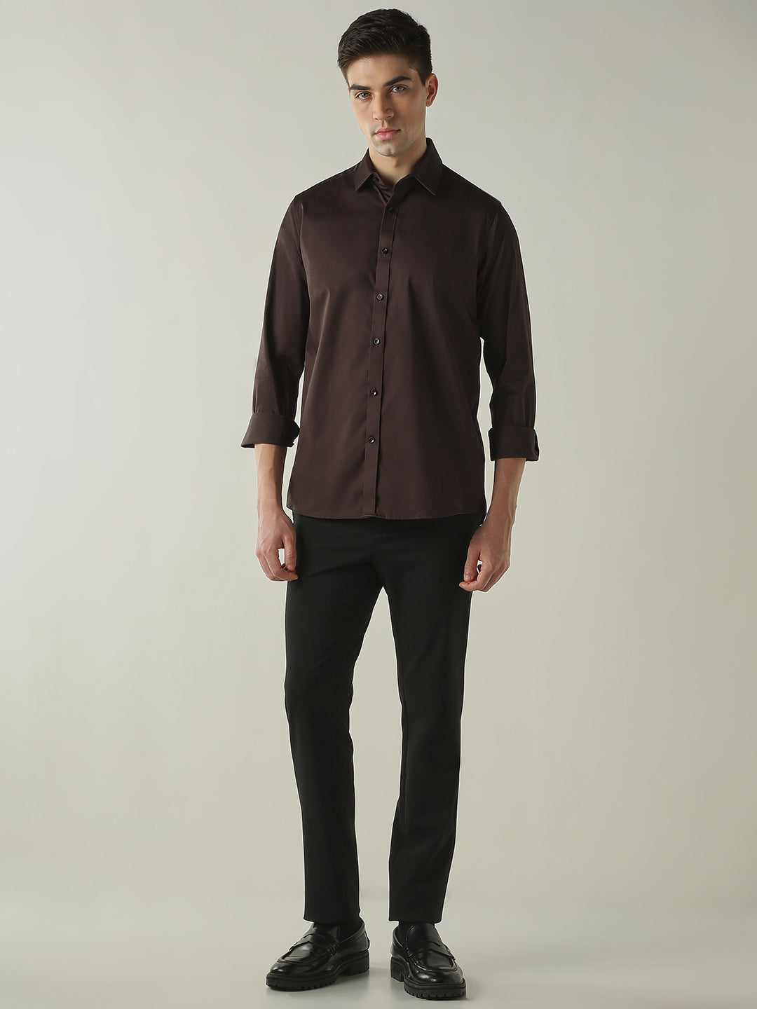 Men's Cotton Lycra Solid Slim Fit Full Sleeve Casual Shirt - Brown