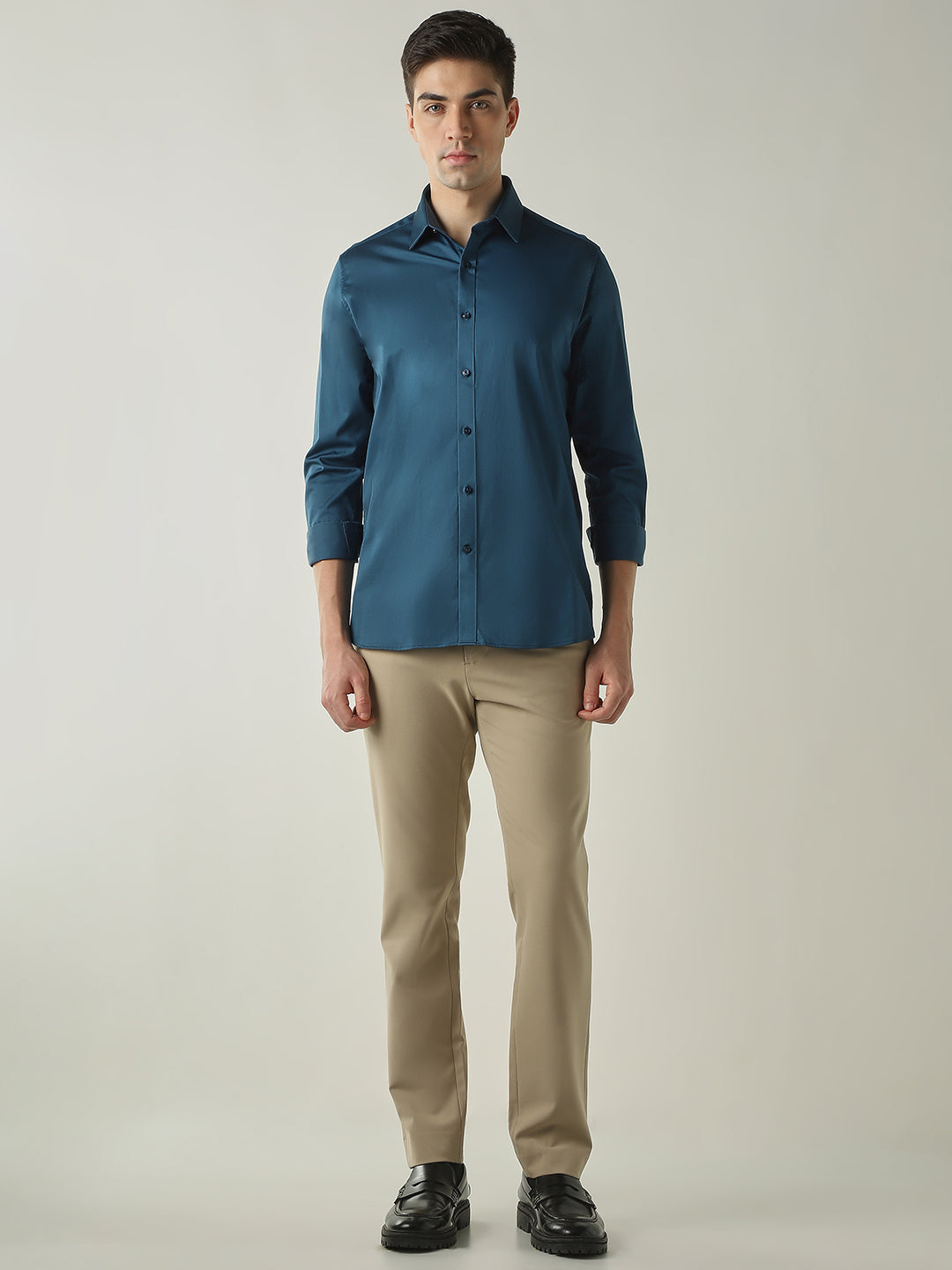 Men's Cotton Stretch Solid Slim Fit Full Sleeve Casual Shirt - Teal